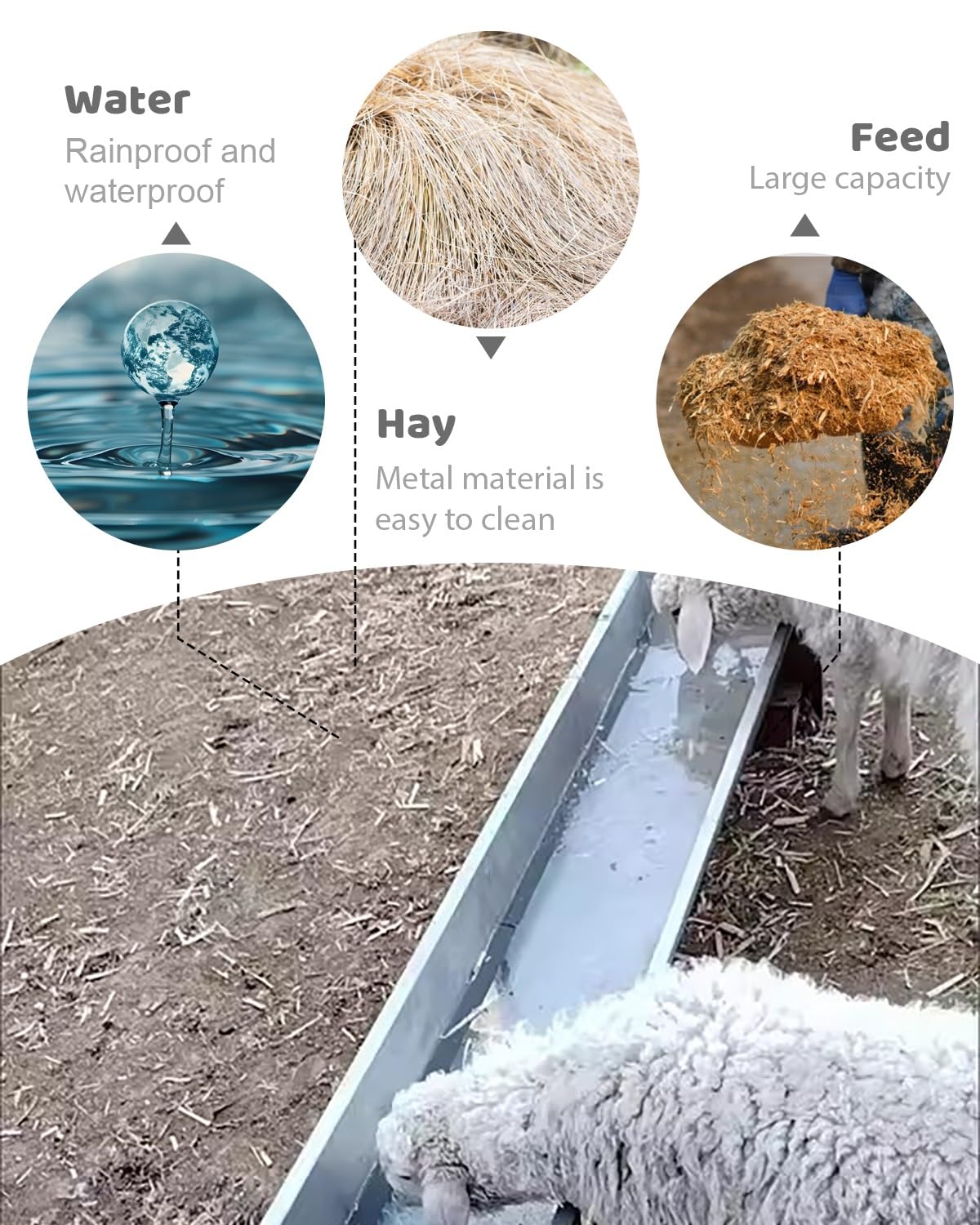 Comedero de acero inoxidable para ganado con soporte, alimentador de agua y pienso resistente para cerdos, caballos, ovejas y aves de corral