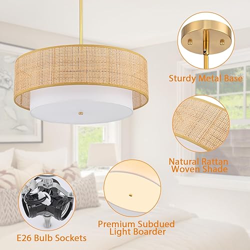 Miniatura 7 de SineRise Candelabro de ratán de 18 pulgadas, lámpara colgante grande bohemia de 3 luces, candelabros tejidos a mano para comedor con pantalla de