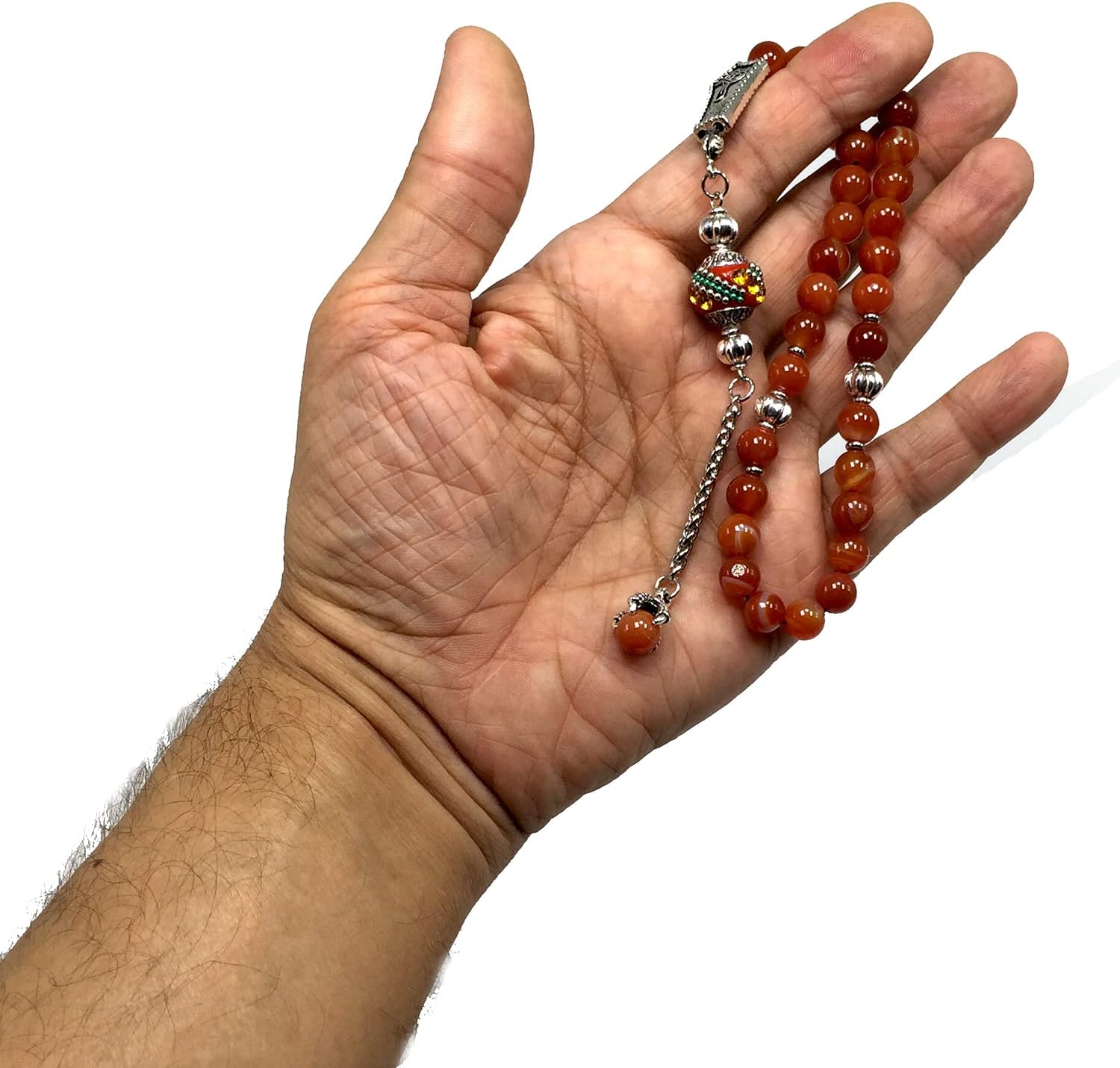ALBATROSART - Fantastic Eagle Claw Series Worry Beads (8mm -33 Beads) - Prayer Beads Tesbih-Tasbih-Tasbeeh-Misbaha-Subha-Sebha-Sibha-Rosary (Natural Striped Red Agate Beads)