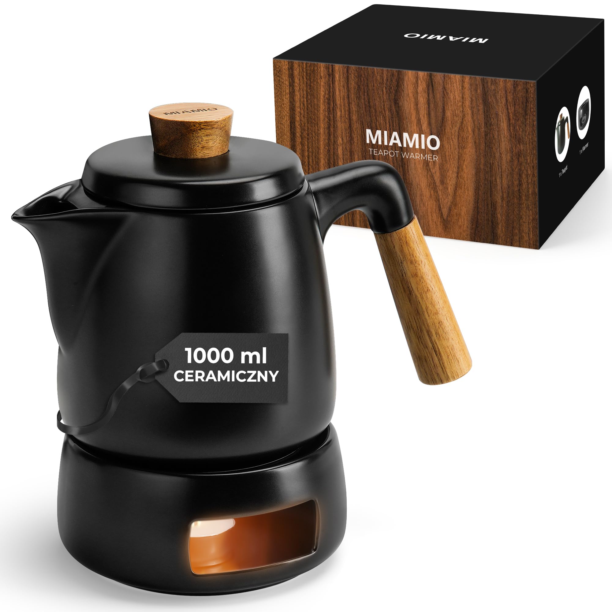 MIAMIO - Zestaw Czajników z Podgrzewaczem / 1L / Czajnik do Herbaty 1000 ml z Zaparzaczem do Luźnych Liści - Prezent dla Kobiet/Miłośników Herbaty (Czarny) | Z sitkiem, 1 czajniczek, wykonany z ceramiki