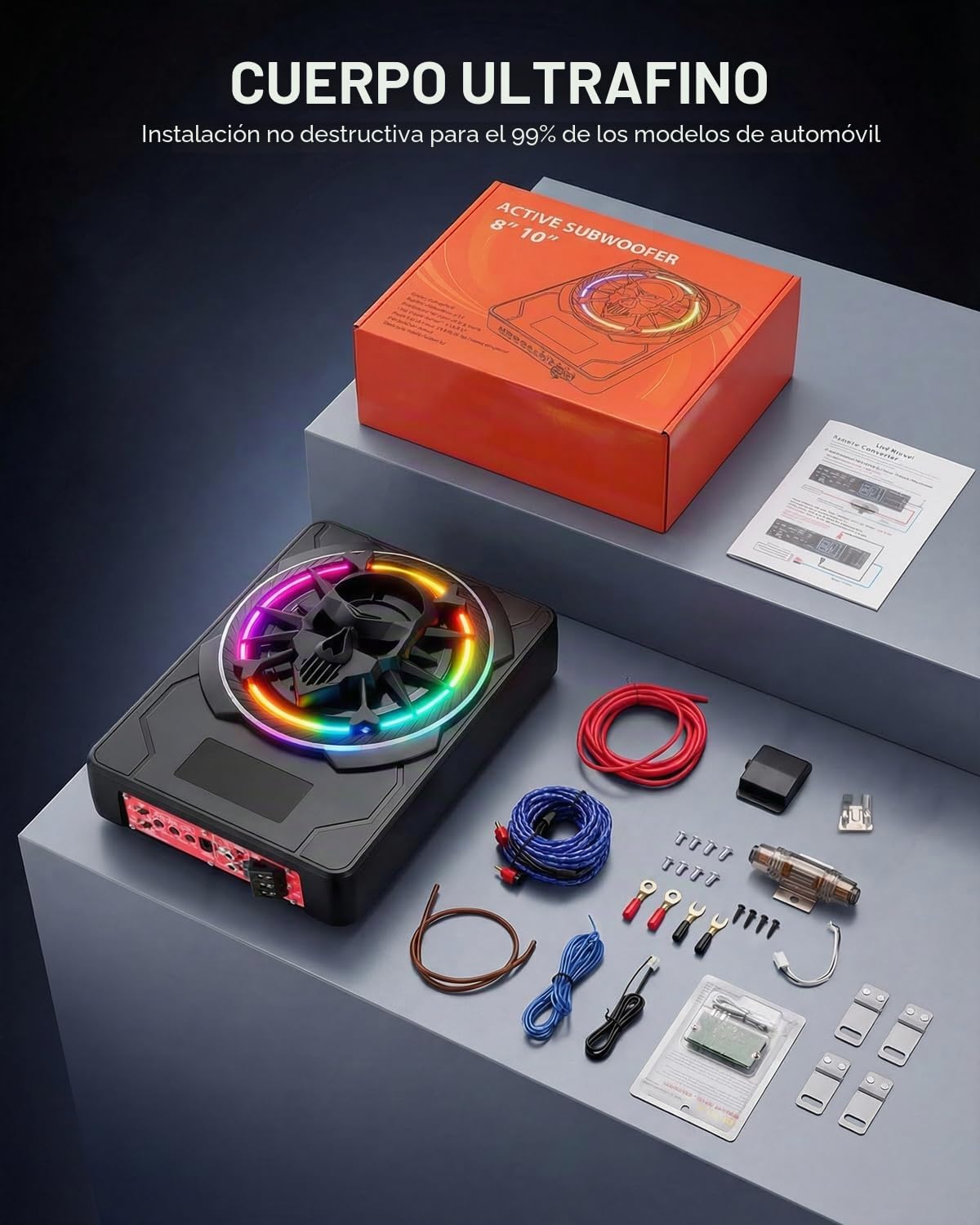 Subwoofer activo para automóvil, montable bajo los asientos, con potencia máxima 1200W, módulo amplificador integrado, diseño compacto y elegante, iluminación ambiental RGB controlada por aplicación