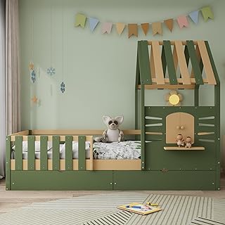 ModernLuxe 3FT Kids Bed, Charming Imitation Roof Design with a Window, Sturdy Wooden Single Bed with 2 Storage Drawers, MDF Pinewood Plywood, Perfectly Suitable for Children, Green & Natural, 90x190cm