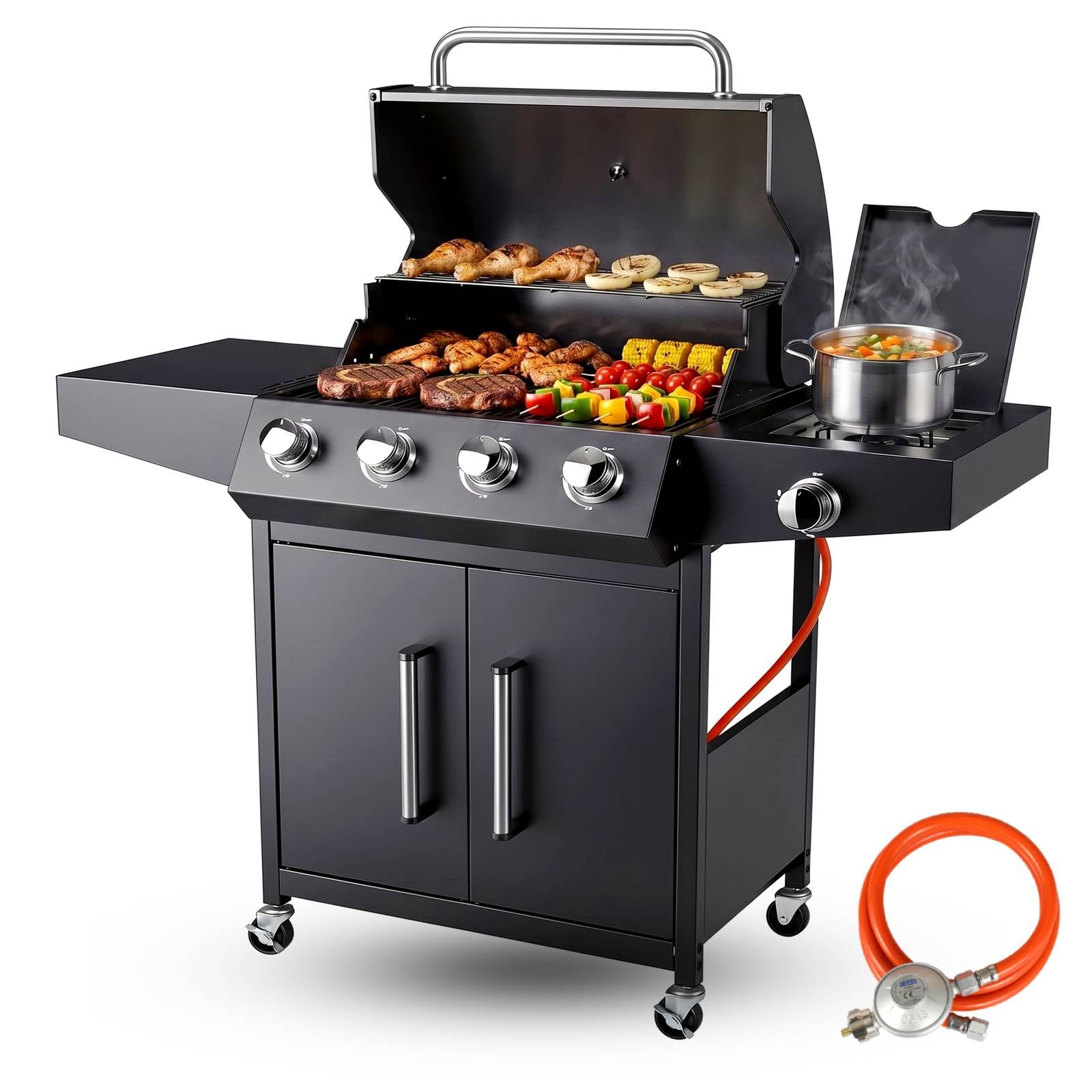 TLSUNNY Gasgrill 4+1 Brenner 15 kW, BBQ Grillwagen Gas mit Seitenkochfeld, Gasgriller Outdoor Edelstahl mit Thermometer, 4 PCS Rollen, 60x42 cm Grillrost & Warmhalterost, Grillküche für Balkon, Garden