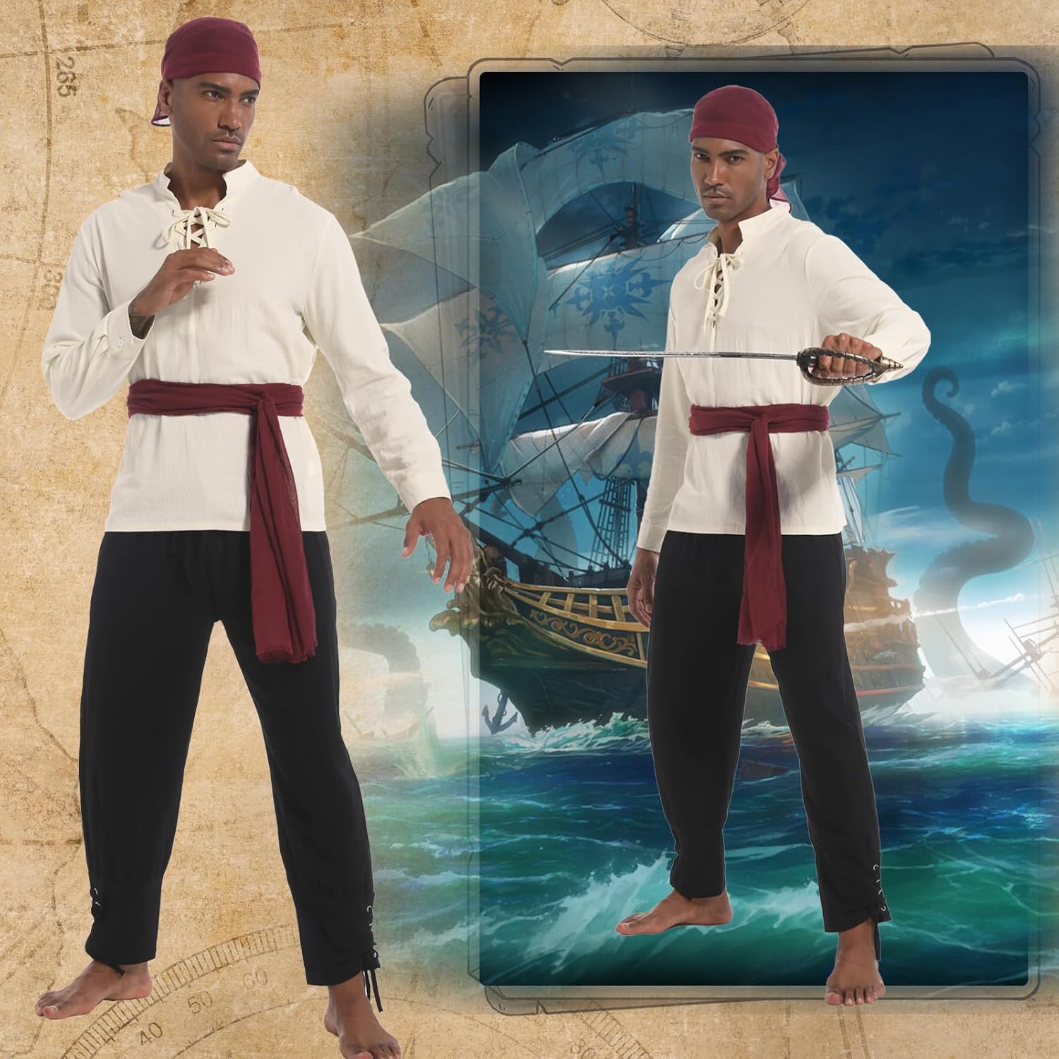 Mens Pirate Costume Adult Medieval Shirt Viking Ankle Banded Pants with Compass Necklace 5 Pcs Pirate Accessories Set
