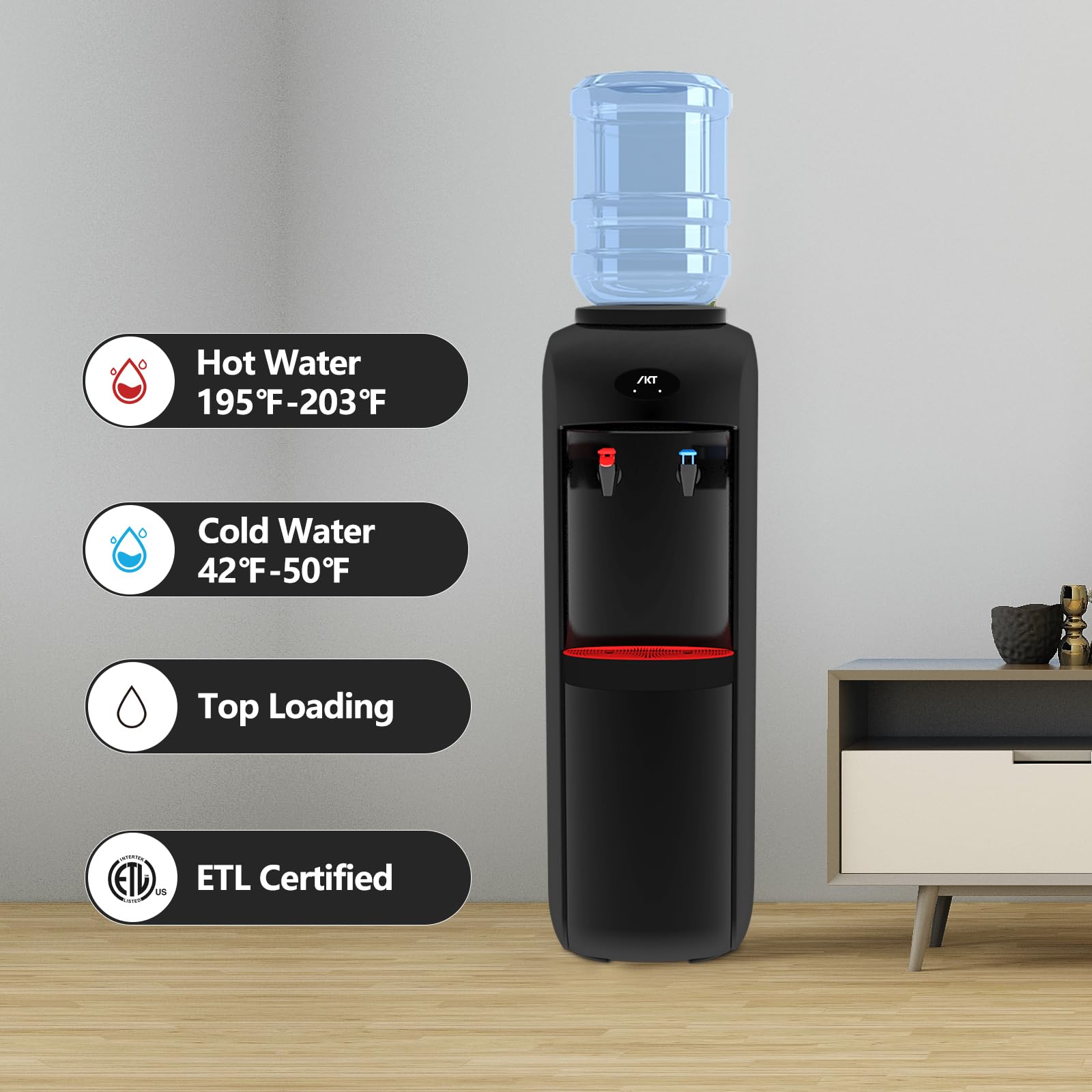 IKT Water Dispenser, Top Loading Water Cooler with Compressor Cooling, Child Safety Lock, Energy Saving, ETL Approved Hot and Cold Water, Black