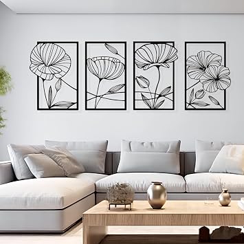 4 Pcs Wall Decor Metal Floral Minimalist Line Art Black Metal Floral Wall Hanging Art Wall Sculptures for Living Room Bedroom Bathroom Kitchen Decoration 16.93x10.24 inches
