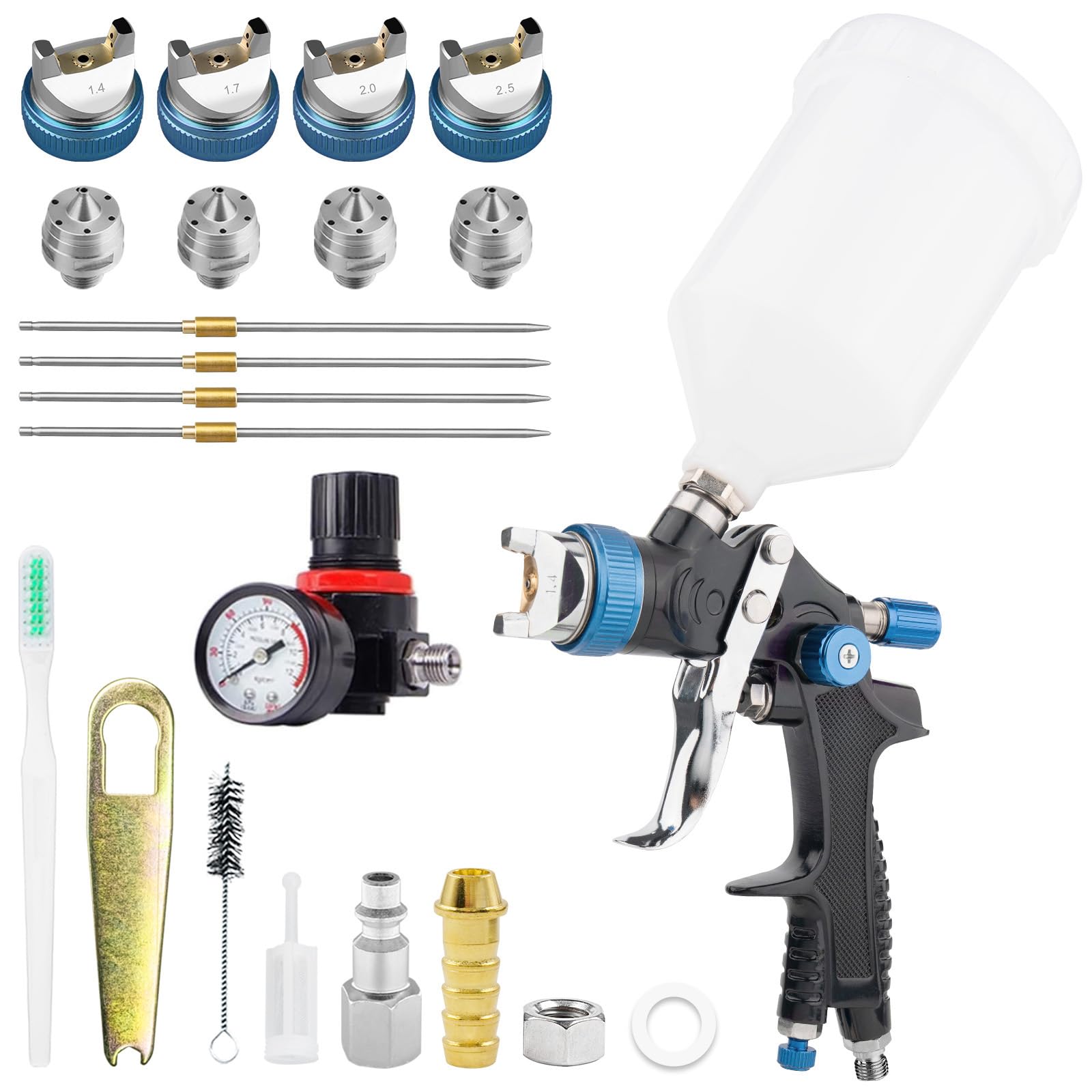 HVLP - Pistola pulverizadora de pintura, sistema de alimentación por gravedad de aire con 4 boquillas de 1.4/1.7/2.0/2.5 mm y regulador para eficiencia, pistola de pintura automotriz para coche