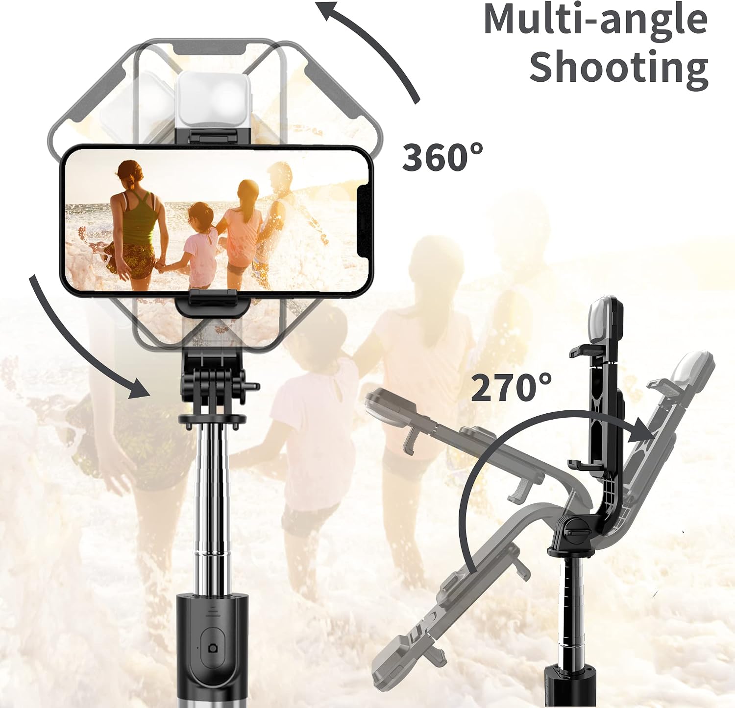 SelfieShow L02S Selfie Stick demonstrating multi-angle shooting capabilities