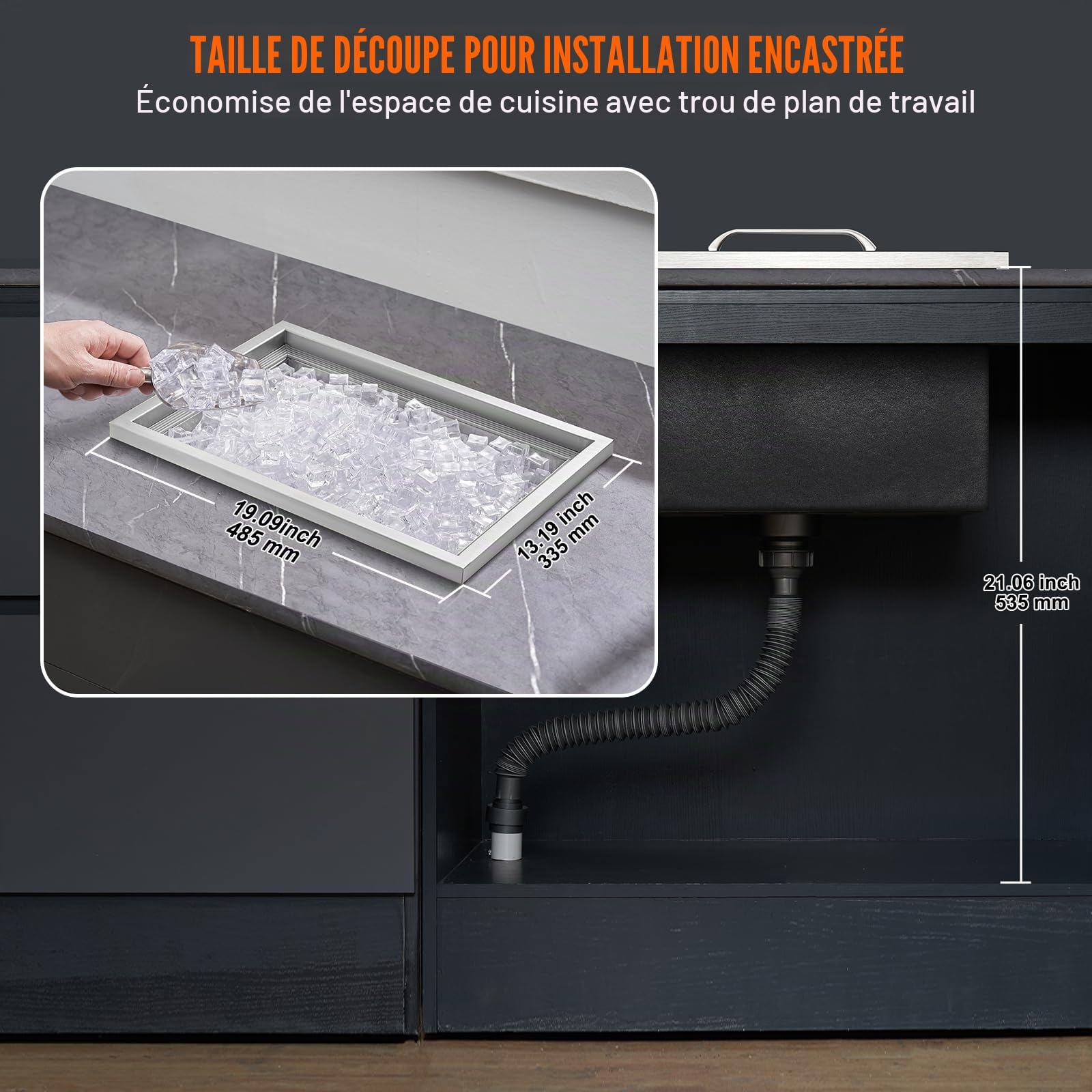 VEVOR Bac à Glace Encastrable 30,25 L 508x355x308 mm Boîte Isotherme pour Glace avec Couvercle en Inox Alimentaire Conservateur à Glaçons pour Boissons Bières Fraîches Cuisine Extérieure Bar Domicile