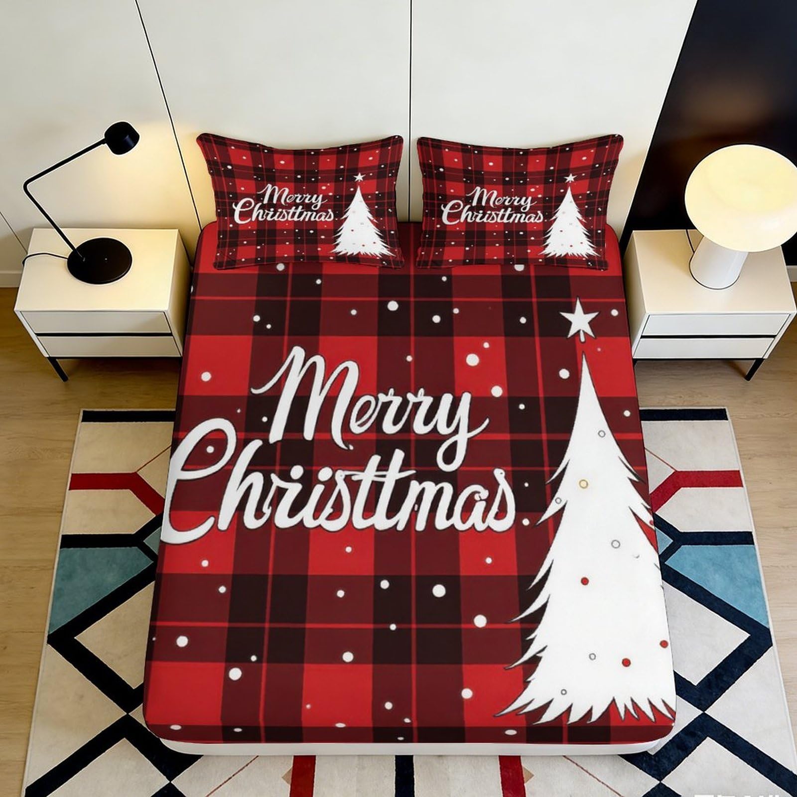 3D Printed Christmas Plaid Fitted Sheet Microfiber Soft Breathable Merry Christmas Bed Cover for Bedroom Dormitory Guest Room Mattress Protection 180x200x25cm