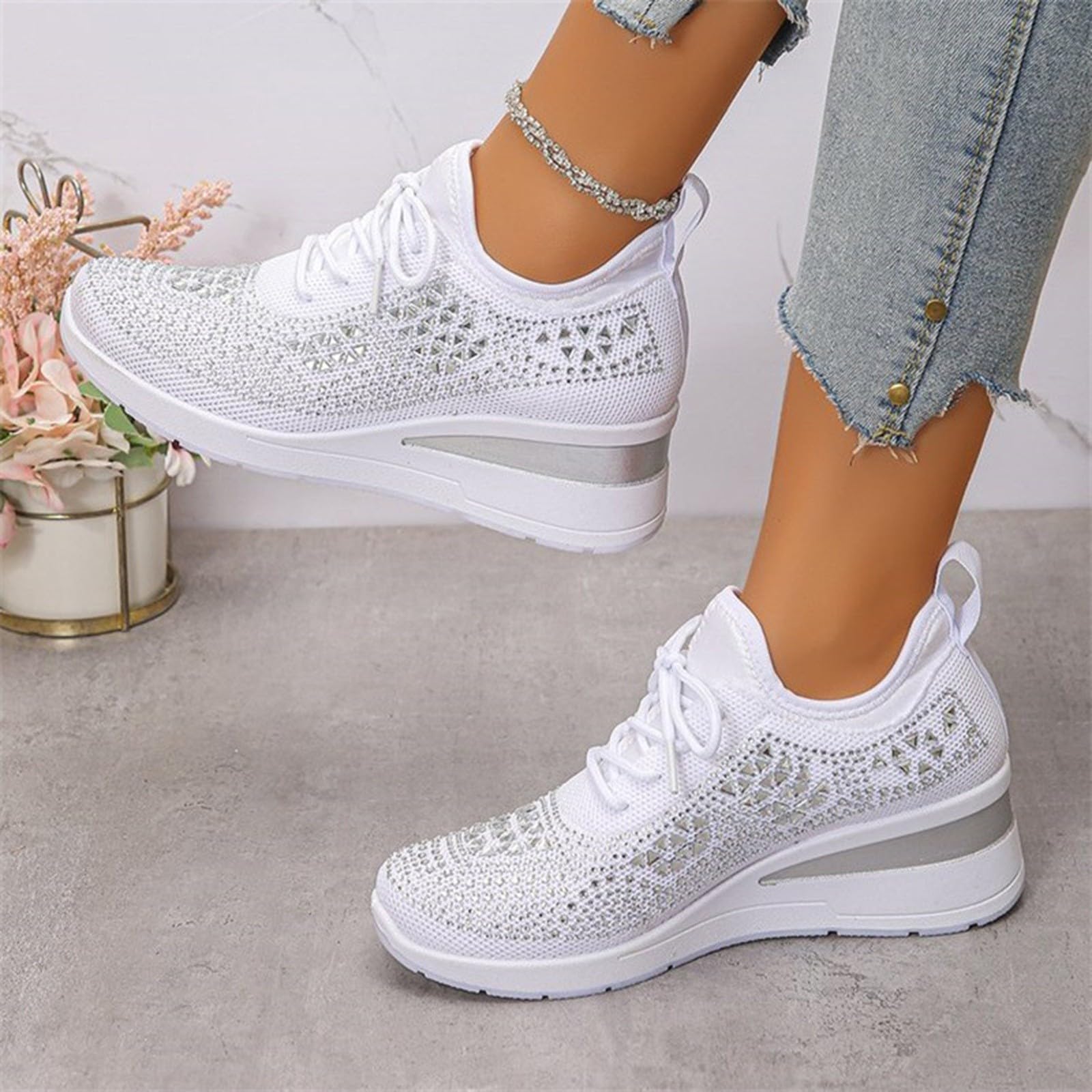 Sneakers estive da donna, traspiranti, eleganti, glitterate, con zeppa | Scarpe sportive con lacci, leggere, traspiranti, sportive, per il tempo libero, per la città e le attività all'aperto