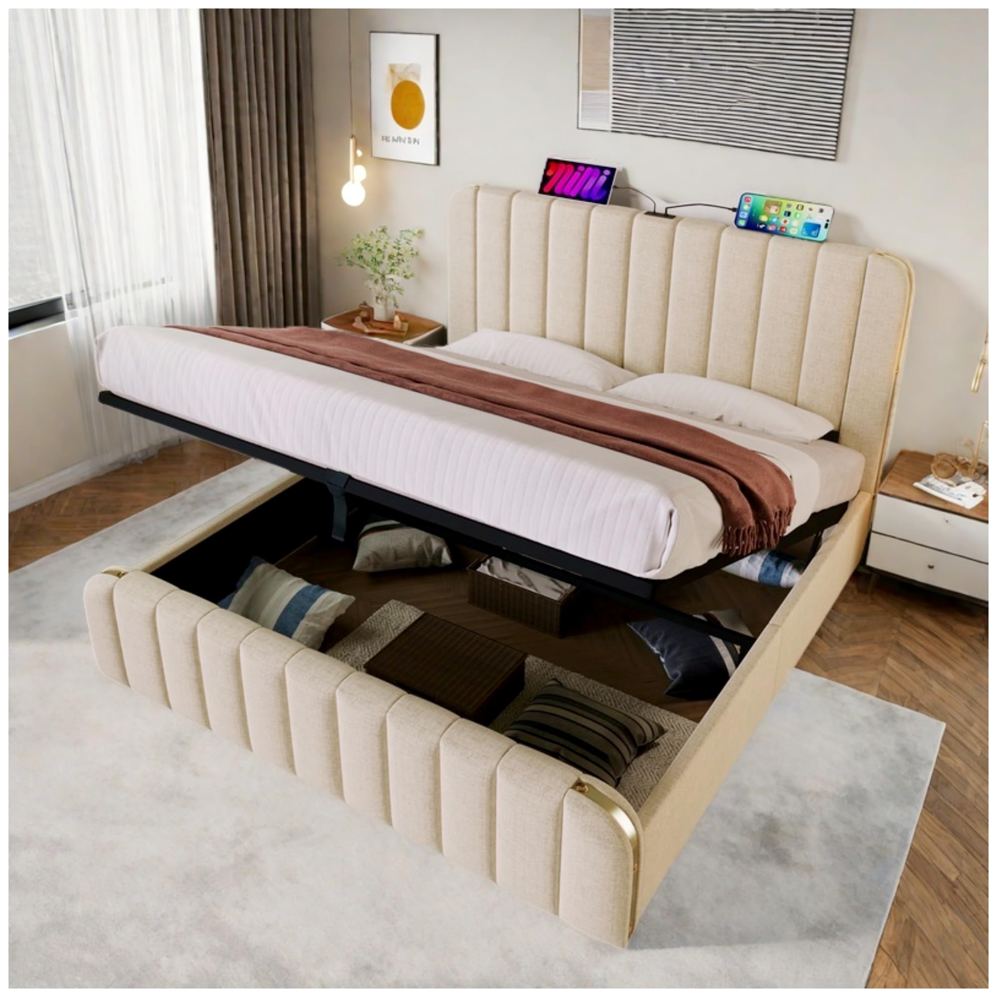 Letto matrimoniale imbottito,testata imbottita con finiture dorate e ricarica USB Type-C,180x200cm,tessuto di lino beige,letto contenitore idraulico,senza materasso
