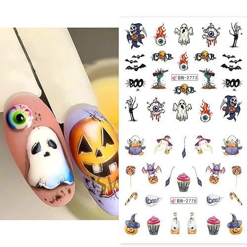 Miniatura 2 de Calcomanías de arte de uñas de Halloween, 12 hojas de calcomanías de transferencia de agua para Halloween, calabaza, fantasma, araña, bruja,