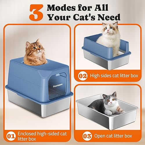 Pawtners Stainless Steel Cat Litter Box, XL Extra Large Kitty Litter Pan, Front Entry Top Exit Enclosed Metal Cat Toilet for Odor Control with Removable Lid & Scoop, Anti-Leakage, Easy to Clean(Blue)