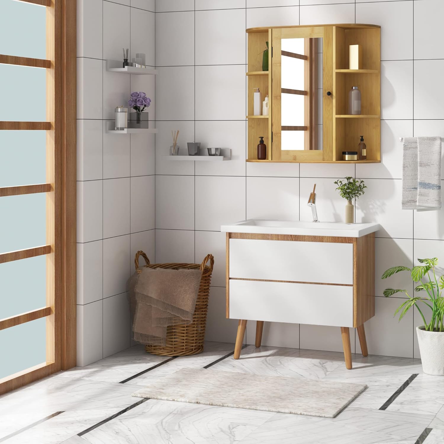 EUGAD cabinet mounted on a bathroom wall above a sink