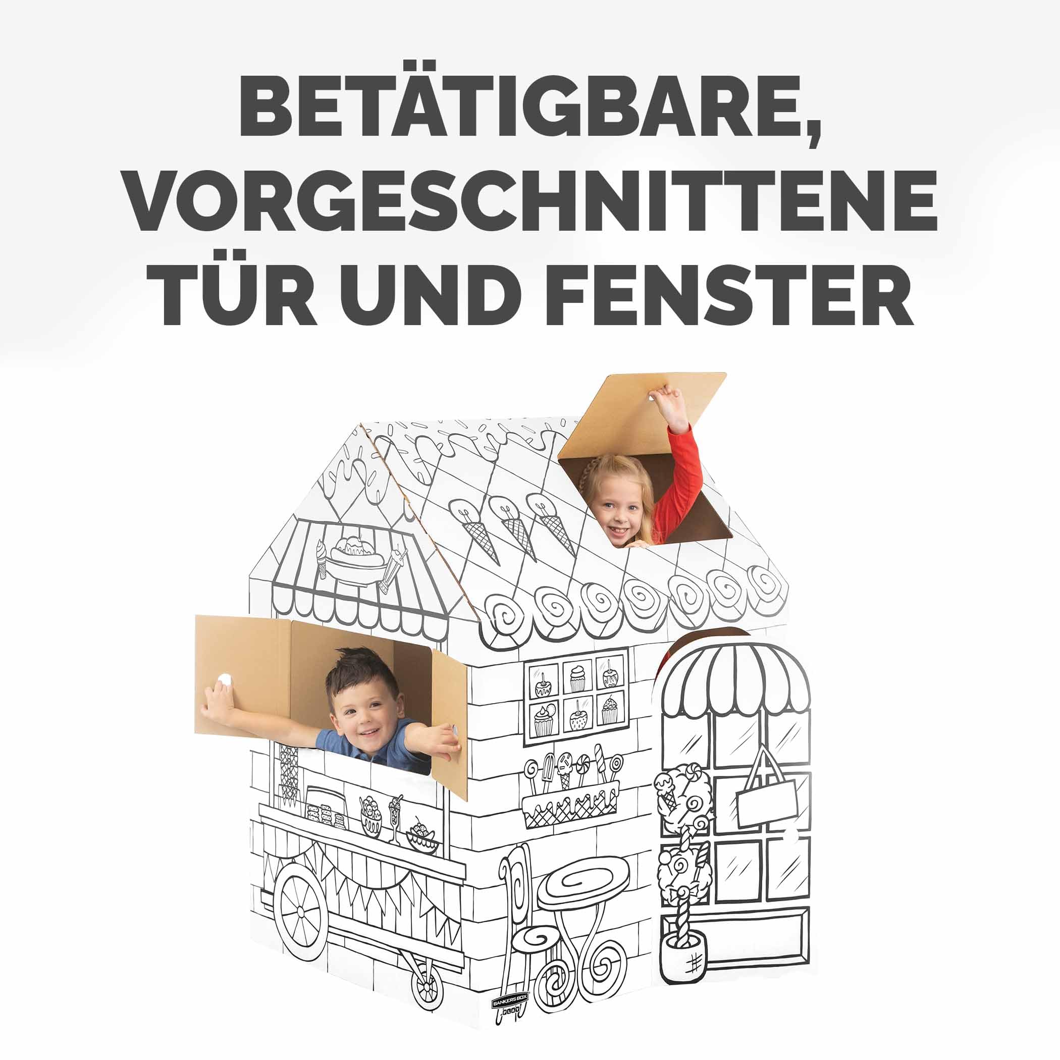 BANKERS BOX AtPlay -Treats & Eats Pappspielhaus für Kinder - Colour-In Craft Cafe Design - FSC-Zertifiziert & 100% recycelbar - Kreative Indoor-Spielhaus Spielzeug XL (81.3 x 81.3 x 121.3cm) Alter 3+