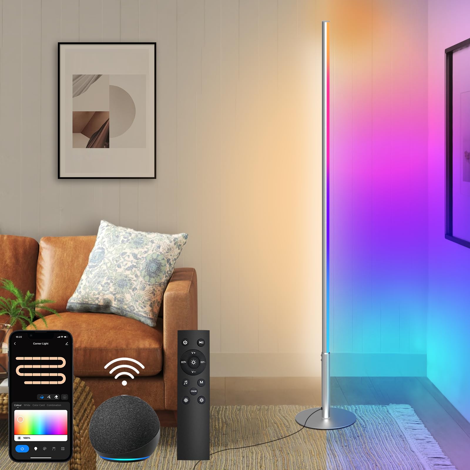Hzitcigm LED Lámpara de Pie, WiFi RGBCW Regulable Lampara de Pie Salon Funciona con Alexa/Google Home y App, Moderna RGB Luz Ambiental de Esquina Inteligente Lampara con Remoto para Dormitorio, 147CM