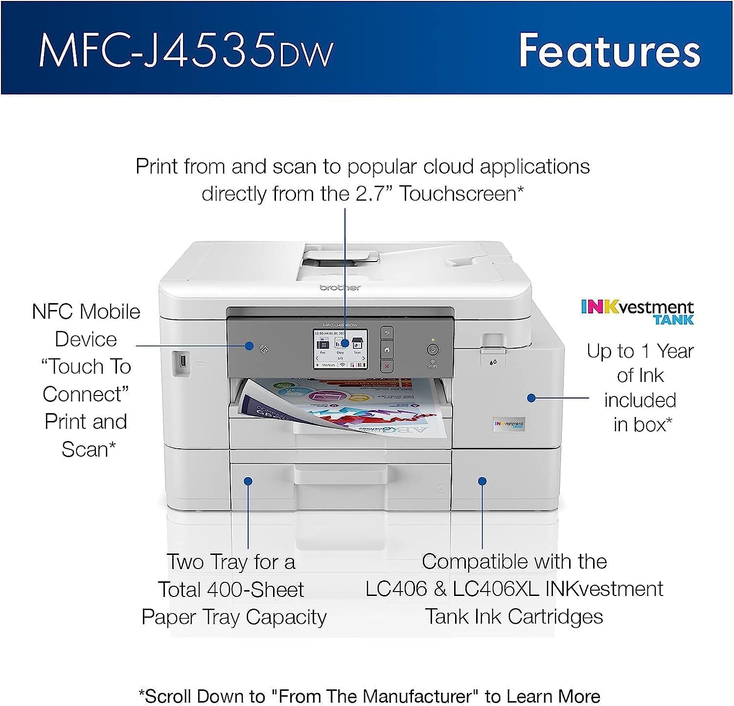 Brother MFC-J4535DW INKvestment Tank Wireless Color All-in-One Inkjet Printer, White - Print Copy Scan Fax - 2.7