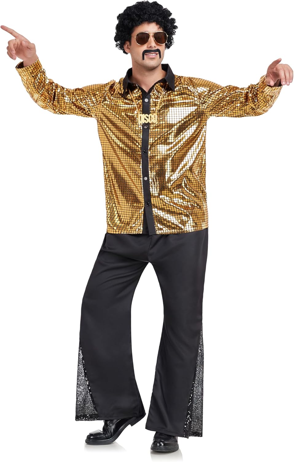 Men's 70s Disco Outfit Costume Set Retro Bell Bottom Shirts Wigs Necklace Mustache Sunglasses for Halloween Party - Image 3