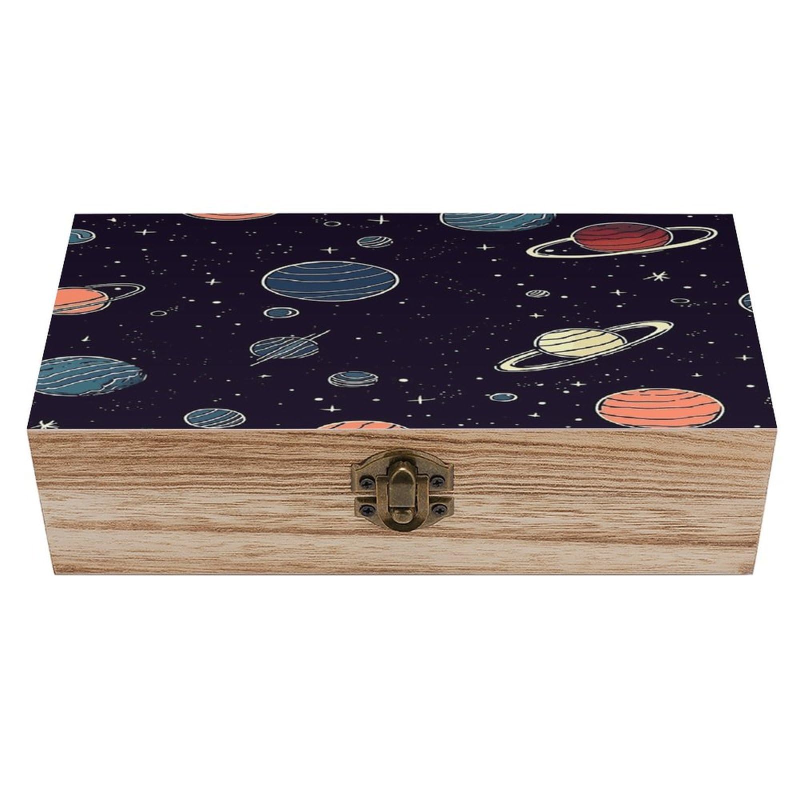 JTREHY Space Planet Pattern Wooden Keepsake Box Vintage-Style Wood Keepsake Case with Hinged Lid Solid Wood Boxes Beautifully Memory Treasure Case Vintage-Style Wooden Storage Box