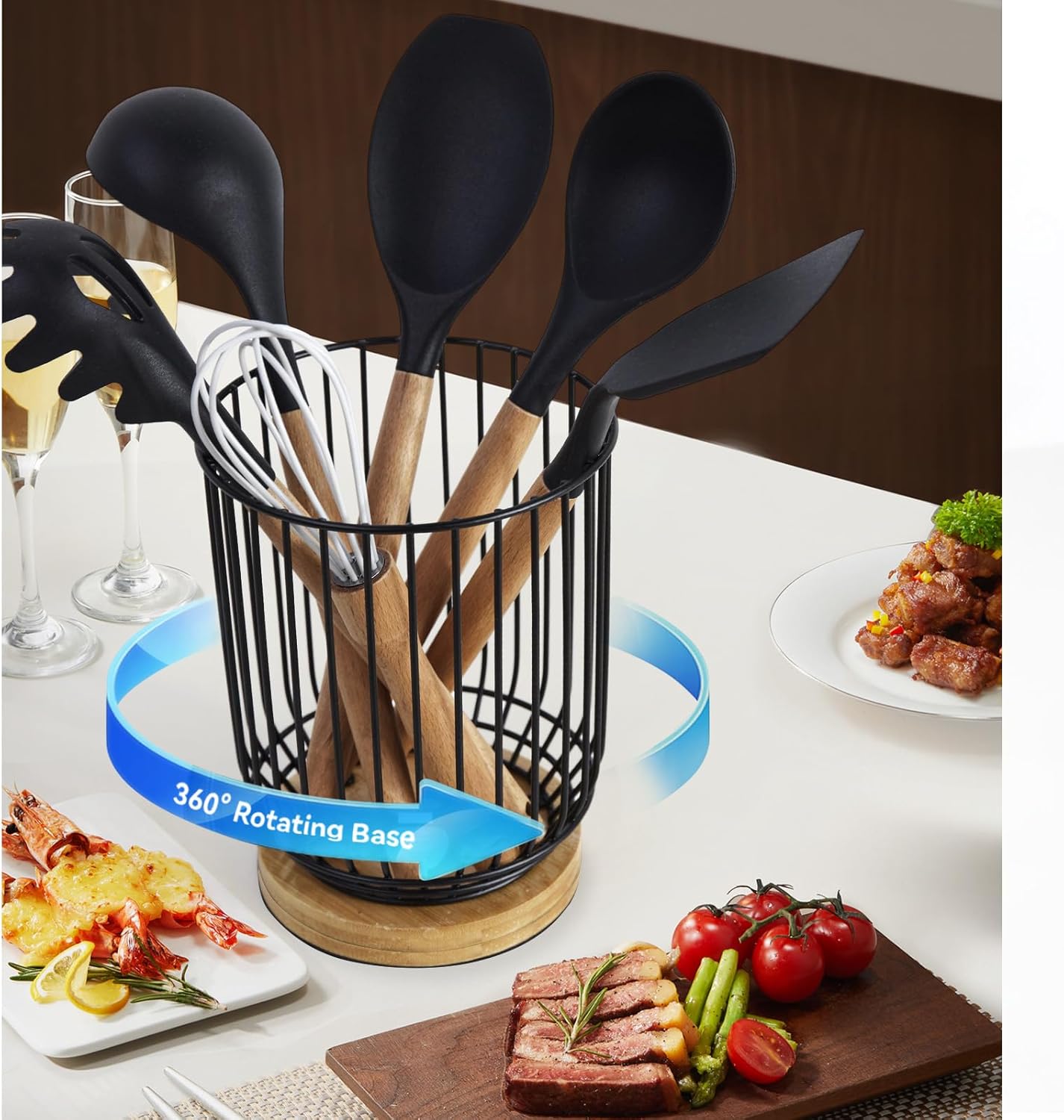 WDT Tool Utensil holder for Kitchen Counter，Large Utensils Holder For Farmhouse Cooking, Utensil Caddy Spatula Holder (Rotating+Metal+Bamboo-1)