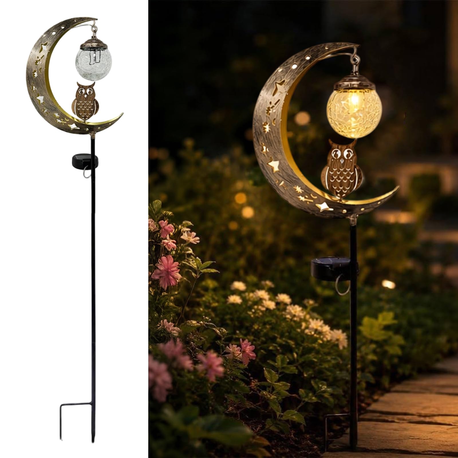 ​Owl Moon Solar Garden Stake Light, 85cm Waterproof LED Pathway Decor with Crackle Glass Globe, Metal Crescent for Hummingbird Moon Solar Garden Stake Light