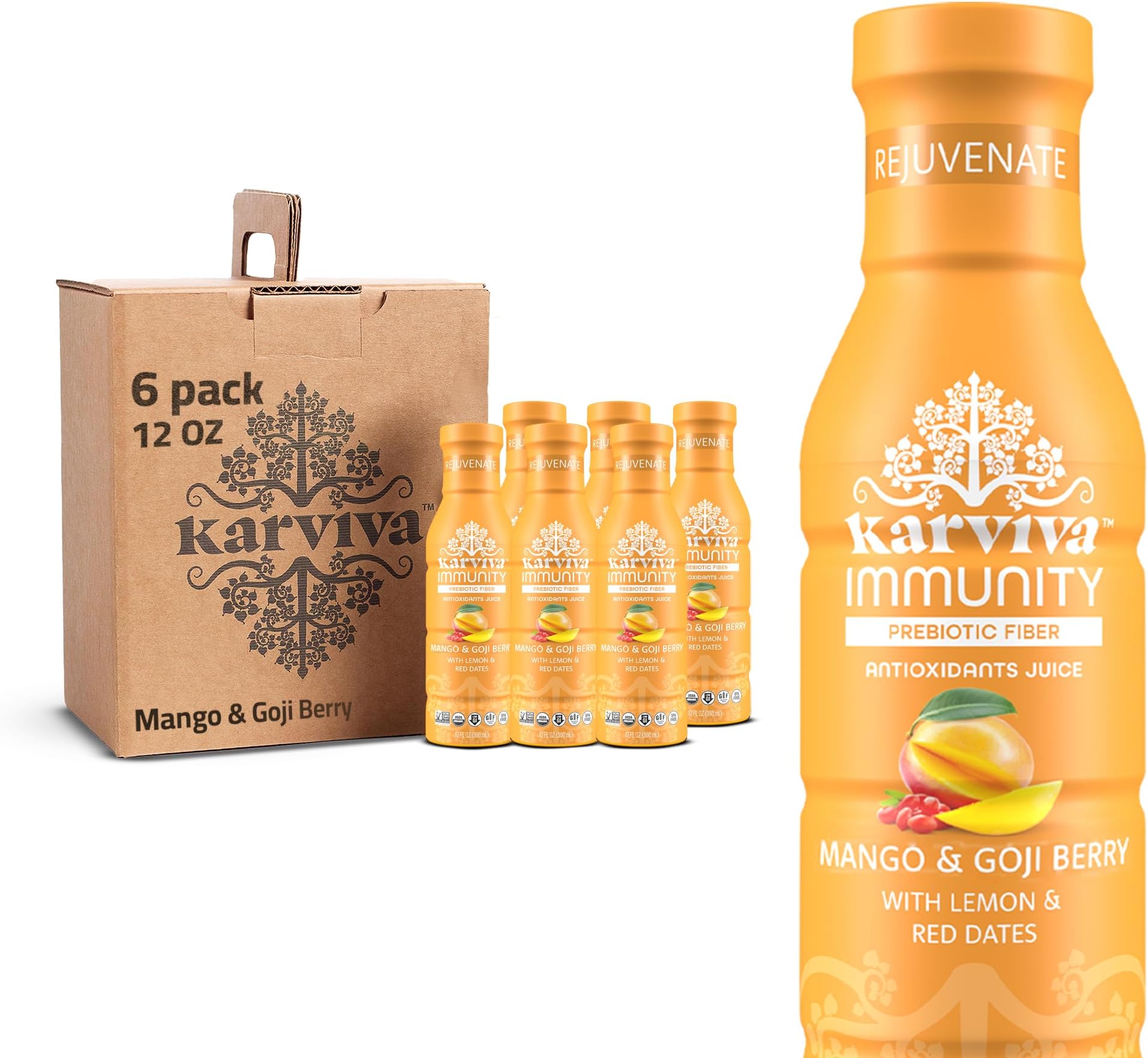 Karviva Rejuvenate Immunity Juice, Organic Beauty Tonic with Mango & Goji Berry, Natural Electrolytes & Antioxidants, Low Sugar, 12 fl oz Bottles (6-Pack)