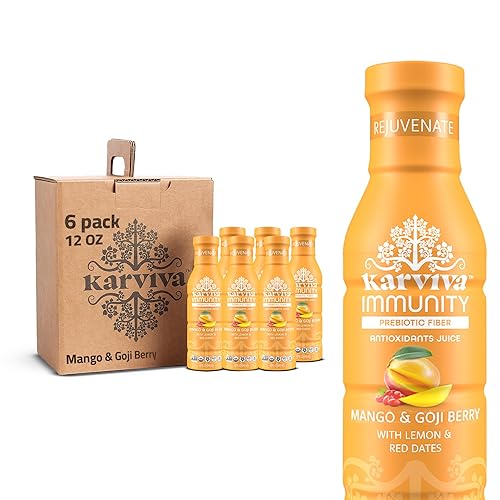 KARVIVA Rejuvenate Immunity Organic Juice, Ancient Beauty Tonic, Mango & Goji Berry, electrolitos naturales y antioxidantes, bajo en azúcar, bajos