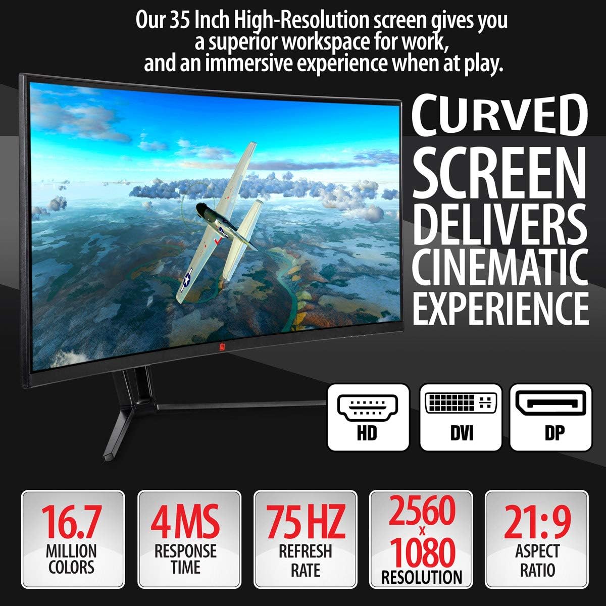 Flаѕh Dеаlѕ - 50% оƒƒ Deco Gear 35 Curved Ultrawide LED Gaming Monitor 21:9 Aspect Ratio, Crisp 2560 x 1080 Resolution, 16.7 Million Colors, 75 HZ Refresh Rate, 2000:1 Contrast Ratio, (HDMI, DVI, and DP Connections)