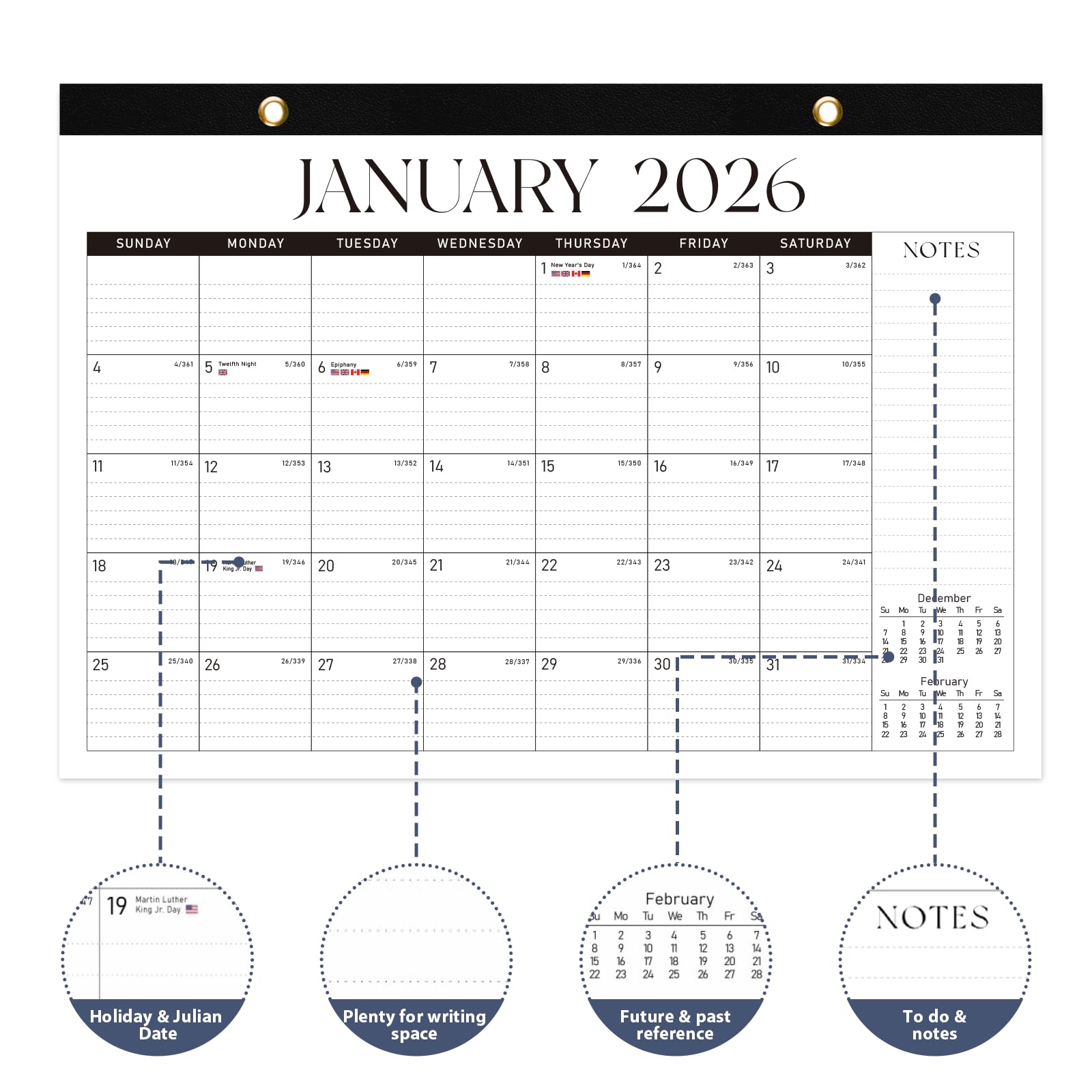 Calendrier de bureau 2026, grand calendrier mensuel de bureau/mural (janvier 2026 à juin 2027) 43,2 x 30,5 cm pour enseignants, famille, école, bureau
