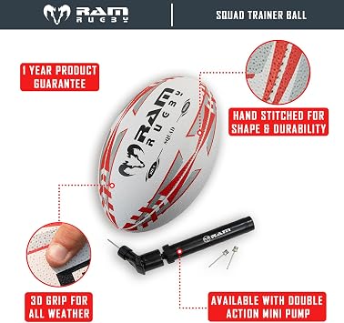 Ram Rugby Squad Trainer Rugby Ball (Size 5, 4 & 3) Club Quality Rugby Training Ball. Hand stitched, 3 ply, 3-D Grip for ultimate Passing & Catching Control – Suitable for Adults, Kids & Children