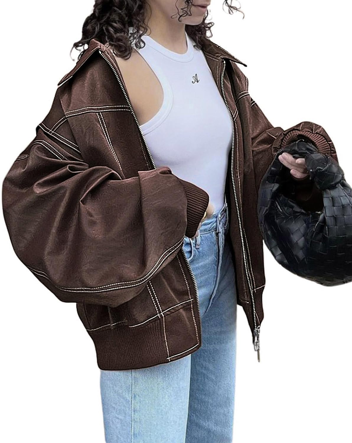 utcoco Women's Faux Leather Motorcycle Jacket Oversized Zip Up Winter Coat Outerwear 2025 Fall Fashion Clothes