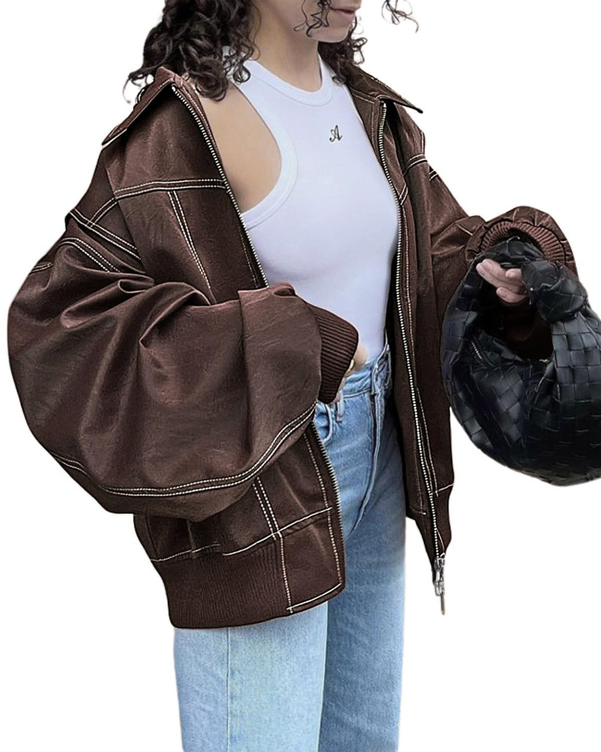 utcoco Veste de moto surdimensionnée en cuir synthétique pour femme avec fermeture éclair - Vêtement d'extérieur tendance pour l'automne 2025
