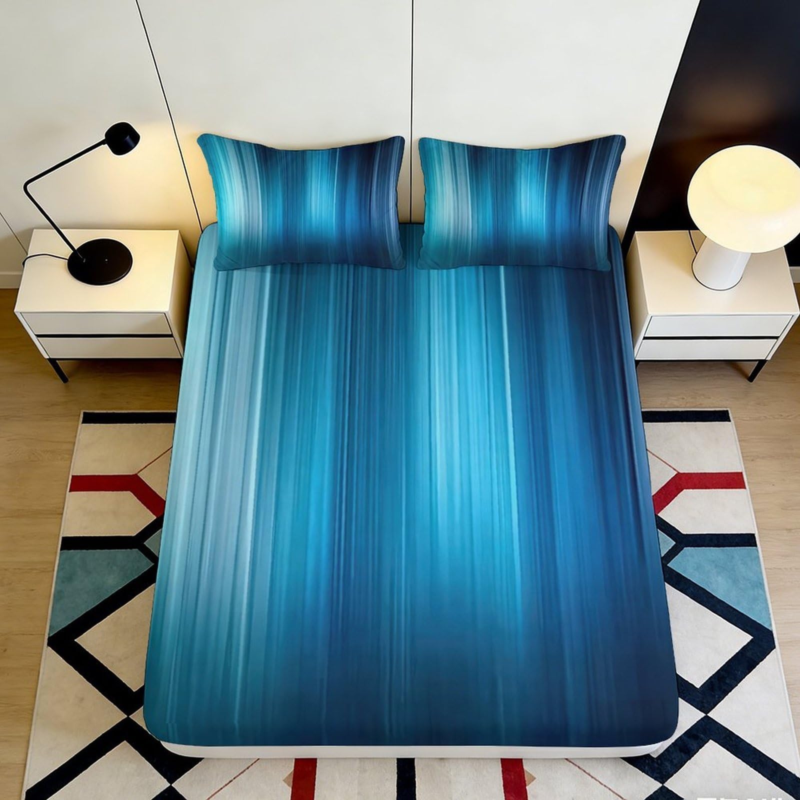 3D Printed Blue Gradient Fitted Sheet Microfiber Soft Breathable Vertical Lines Mattress Cover for Bedroom Dormitory Guest Room Mattress Protection 120x200x25cm