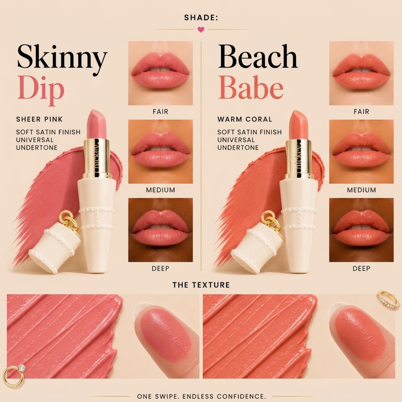 Hickey Lipstick Lot de 2 : rouge à lèvres rose clair et corail sans gluten, hydratant et durable, rouge à lèvres végétalien pour femmes avec caden rose clair et corail 1 O