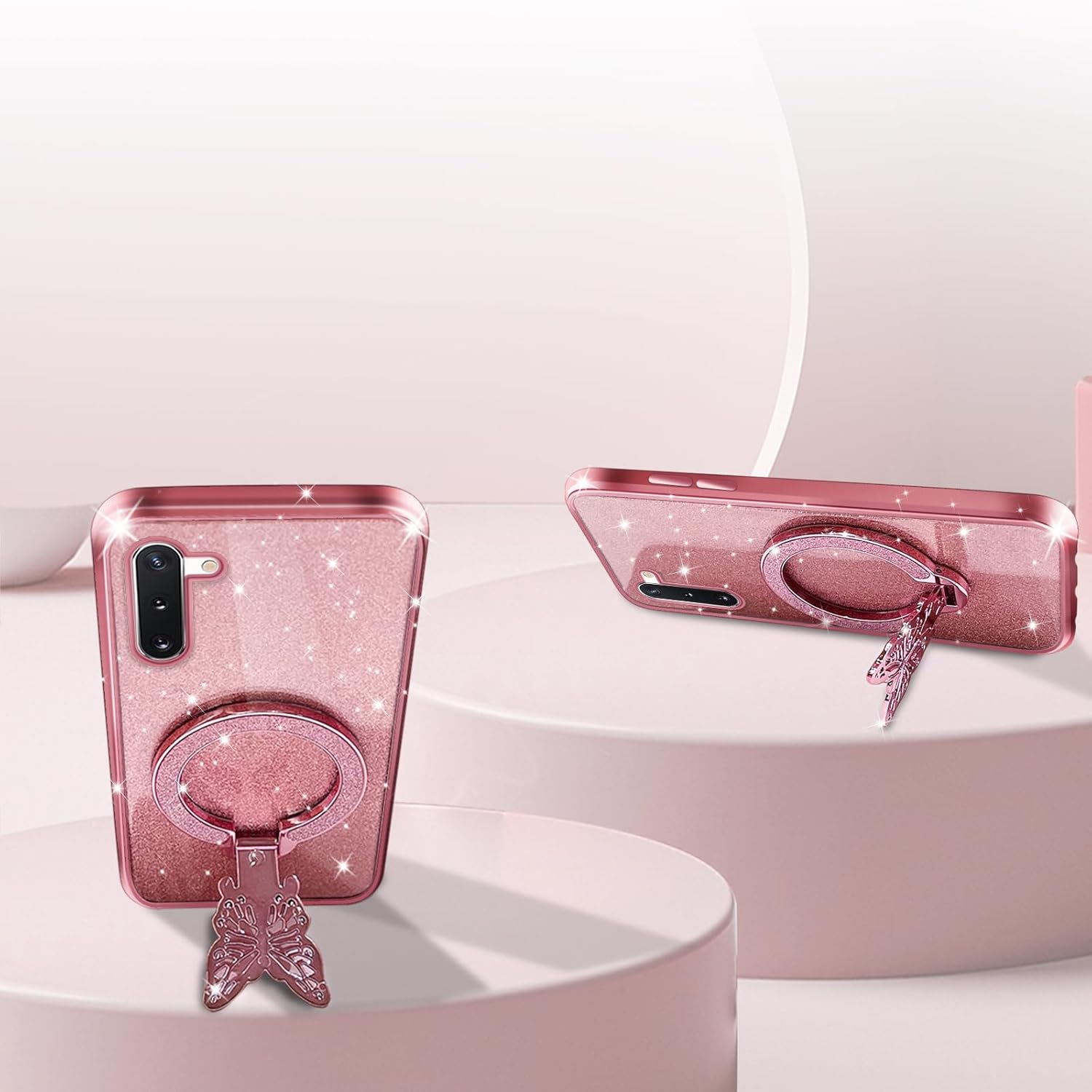 Phone Case for Samsung Note 10 [Compatible with Magsafe] with Butterfly Kickstand & Lanyard Soft TPU Bling Clear Shockproof Protection Cover for Galaxy Note 10 Case, Rose Gold - Image 3