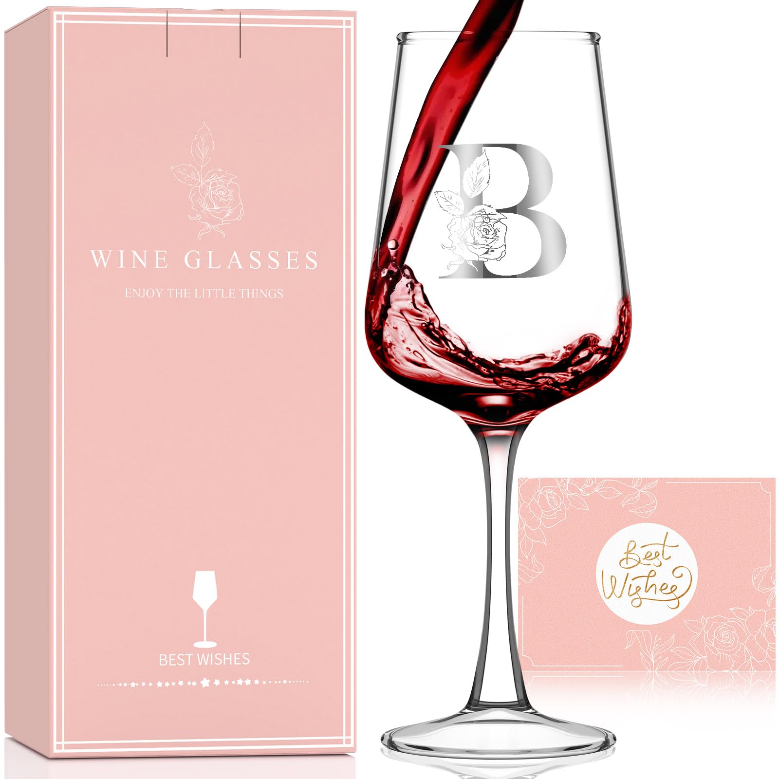 Personalized Gifts for Women Mom Friend Wife Her, Initial Wine Glasses Custom Gift, Happy Birthday Gifts for Women Mom Wife Best Friend Sister, 15.5Oz (B)