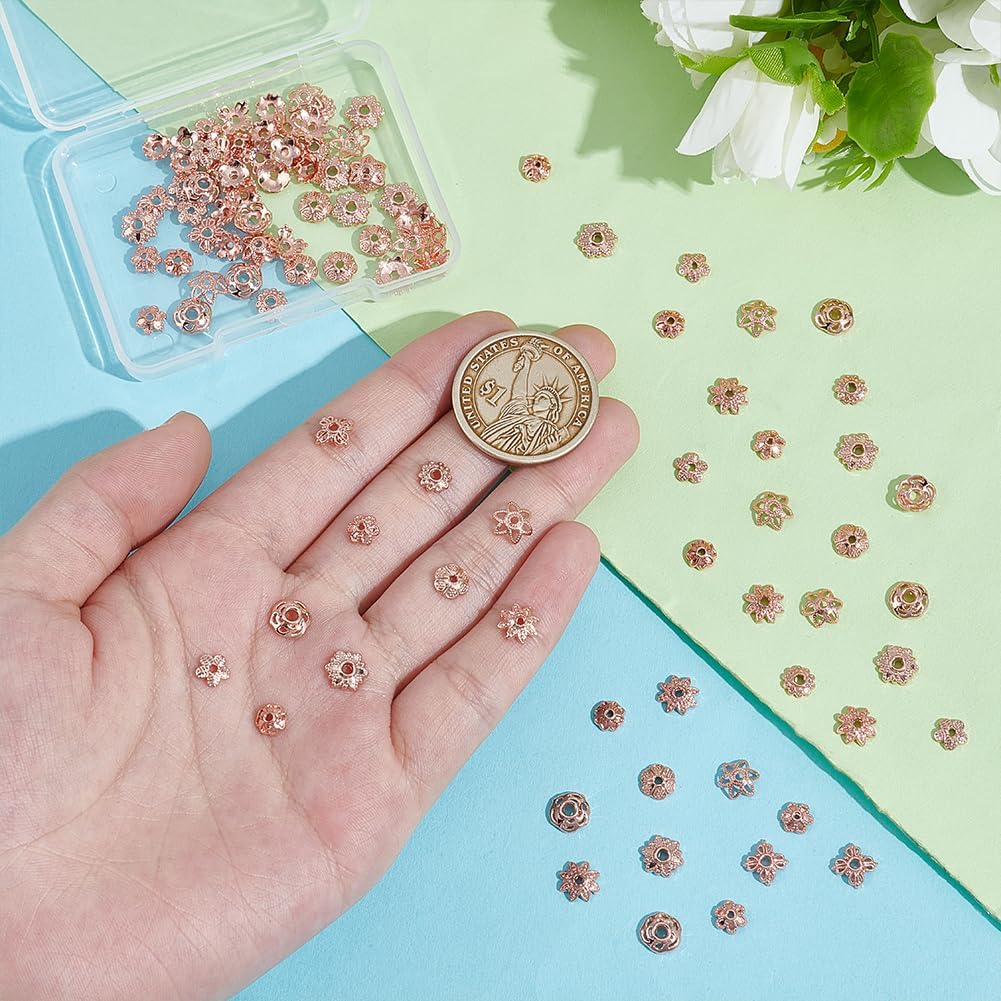 PH PandaHall 100pcs 10 Styles Bead Caps Flower Bead Caps 6/7/8mm Spacer Beads Flower Bracelet Beads Flat Spacers Rose Gold Brass Bead for Jewellery Making Friendship Bracelet Making DIY Crafts - Image 2