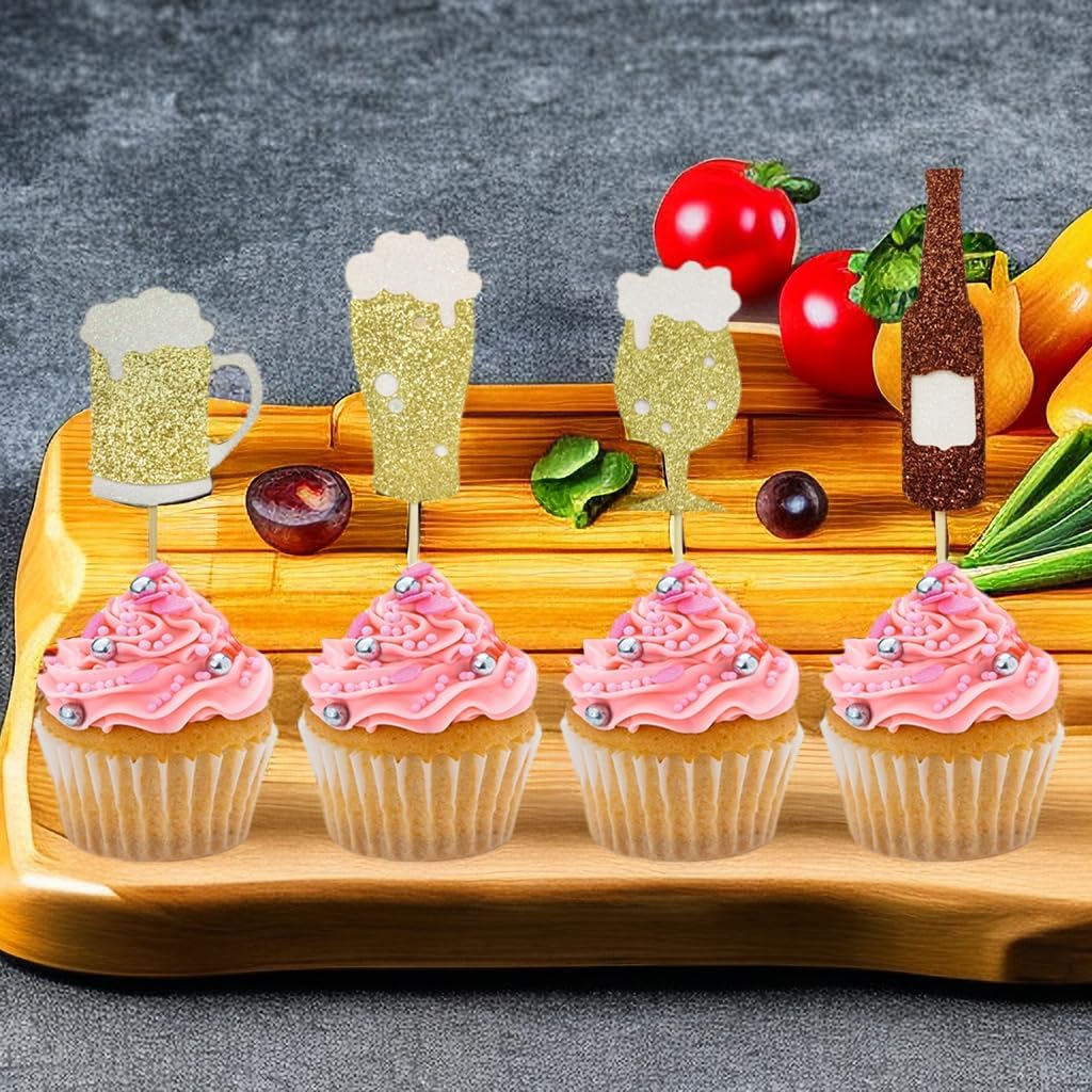 24 PCS Gold Glitter Beer Glass Champagne Cheers Cupcake Toppers for Men Women Birthday Party Oktoberfest Bachelorette Theme Party Wedding Baby Shower Party Cake Decorations Supplies Picks - Image 4