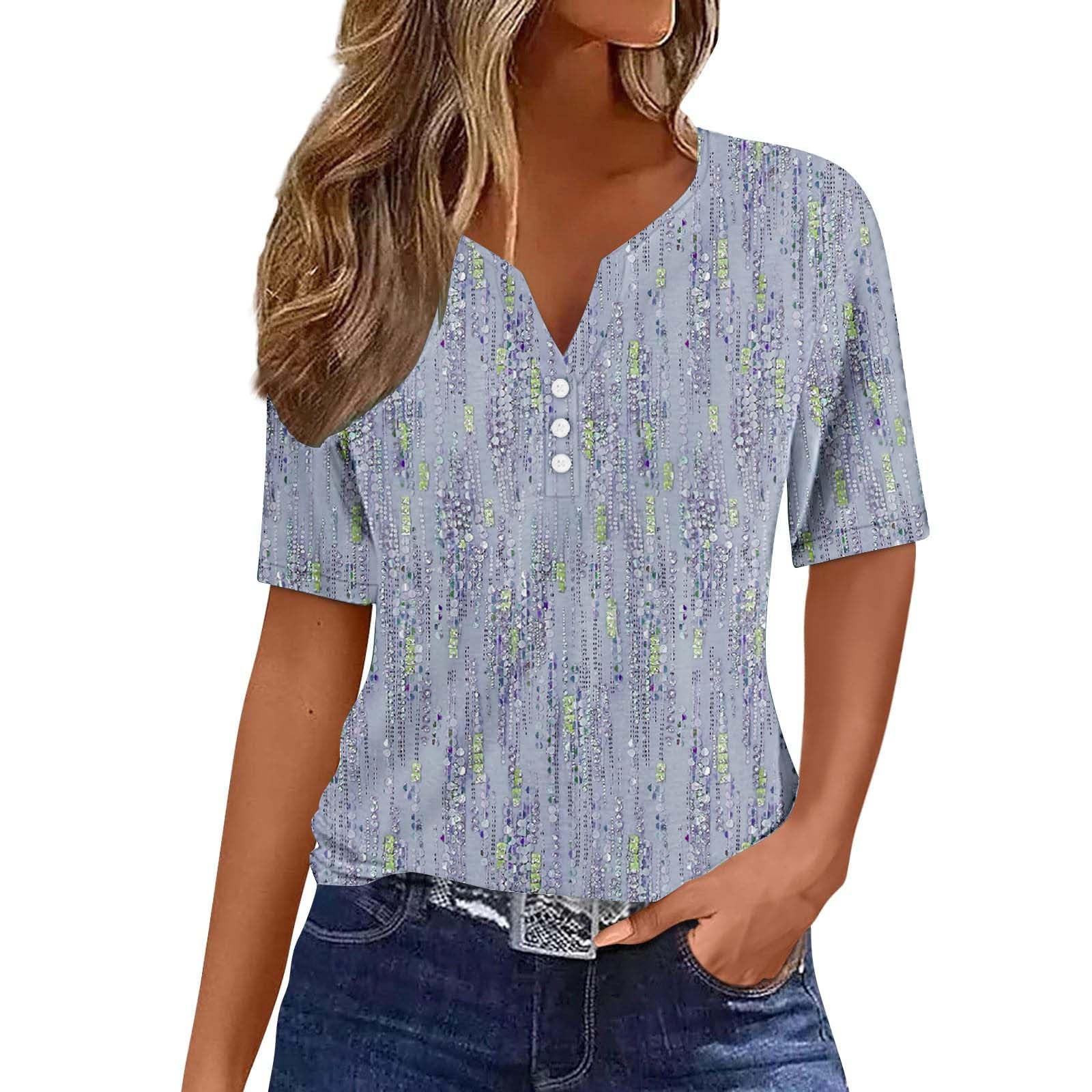 Ceboyel Women Floral Boho Summer Tops 2024 Short Sleeve Henley Shirts V Neck Blouses Tunic Trendy Fashion Vacation Clothes
