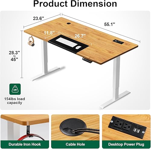 Miniatura 2 de COMHOMA Escritorio eléctrico de pie ajustable en altura con toma de corriente, escritorio de pie de 55 x 24 pulgadas, escritorio de oficina en casa