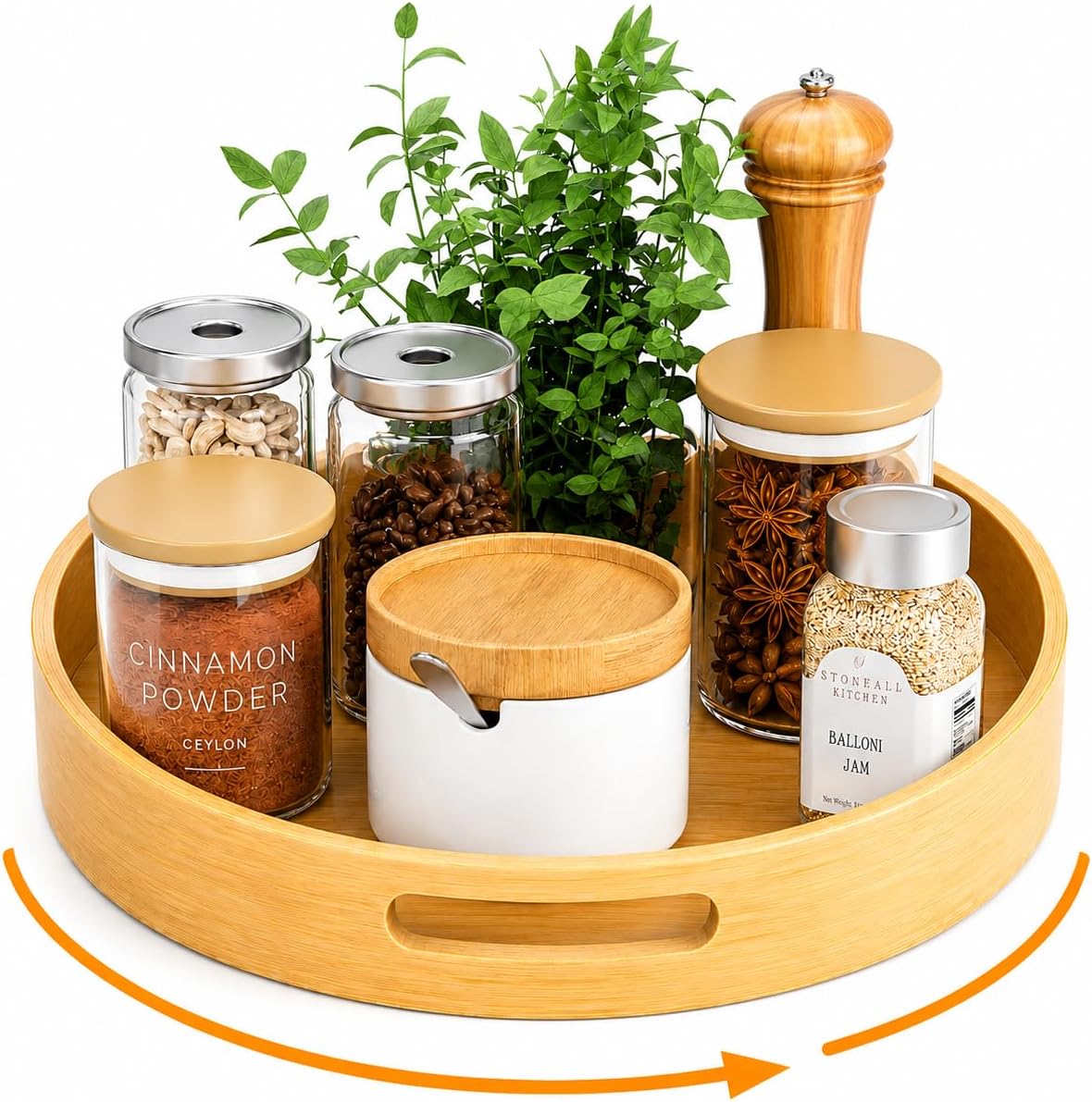 Bamboo Lazy Susan Turntable Organizer 10 in – Round Rotating Spice Rack with Handles，Wood Turntable for Kitchen Cabinet, Countertop, Dining Table (Bamboo Nature)