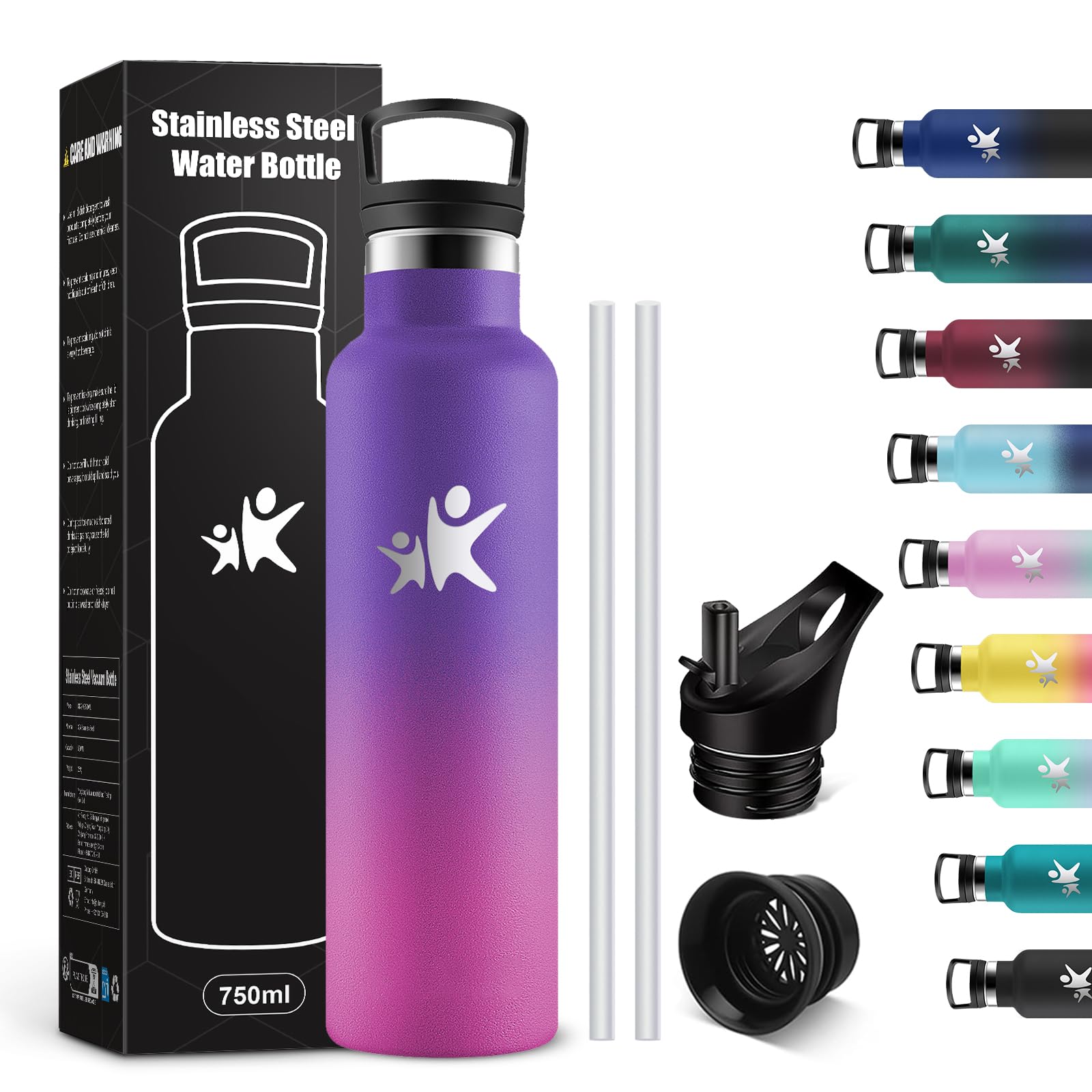 KollyKolla Trinkflasche Edelstahl 750ml, Thermoskanne BPA-Frei, Auslaufsichere Isolierflasche Doppelwandig, Wasserflasche Kohlensaeure Geeignet, für Fitness, Schule, Outdoor, Erwachsener, Kinder