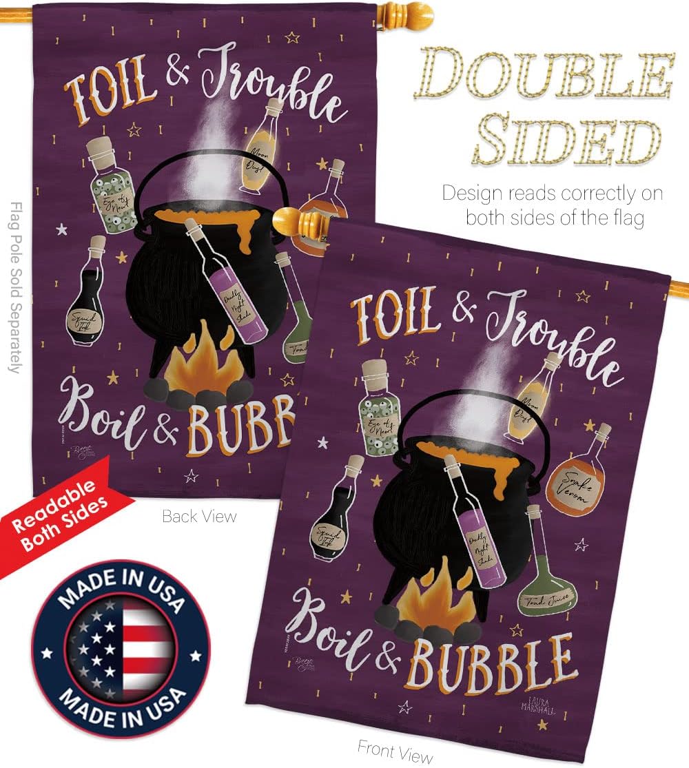 Toil And Trouble House Flag - Pack Fall Halloween Witch Trick or Treat Spooky Night Black Cat Season Autumntime Pumpkin USA Vintage Applique - Banner Small Garden Yard Gift Double-Sided 28 X 40