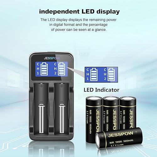 Miniatura 4 de JESSPOW IMR 18500 - Baterías recargables con cargador, batería recargable de iones de litio IMR 18500 de 1600 mAh 3.7 V para linterna, luz solar de