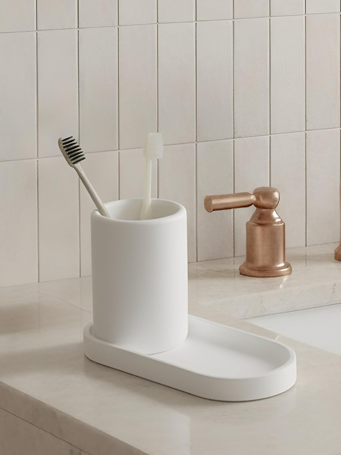 Diatomite Toothbrush Holder with Tray Set – Quick Dry Water Absorbent Stone Bathroom Counter Organizer – Minimalist Diatomaceous Earth Toothbrush Cup&Vanity Tray for Sink, Toothpaste & Accessories