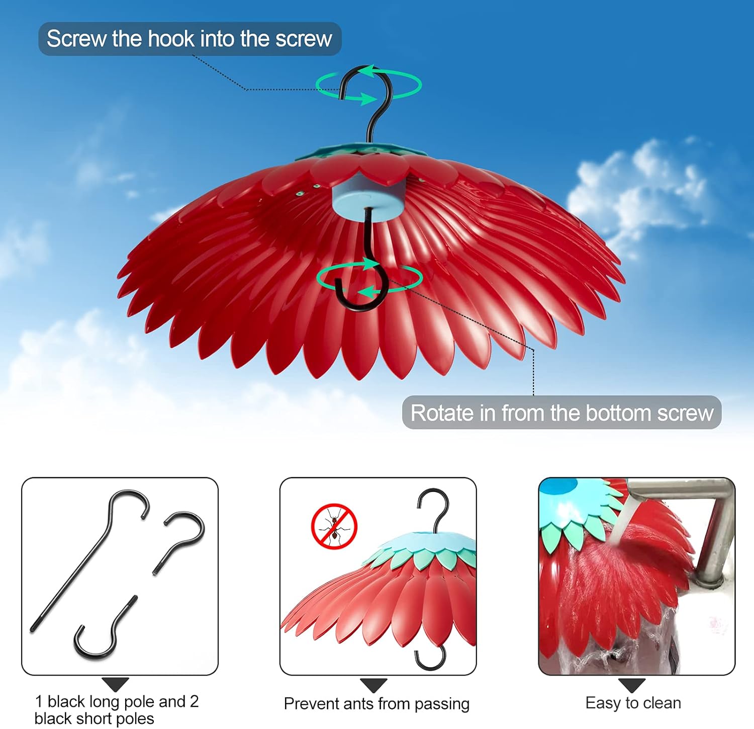 Beserie Squirrel Baffle for Hanging Bird Feeder Rain Cover for Outside Weather Guard Protect Feed from Sun Blue Dome Attract Hummingbirds, Moat Proof, Easy to Clean-14inch(Red)