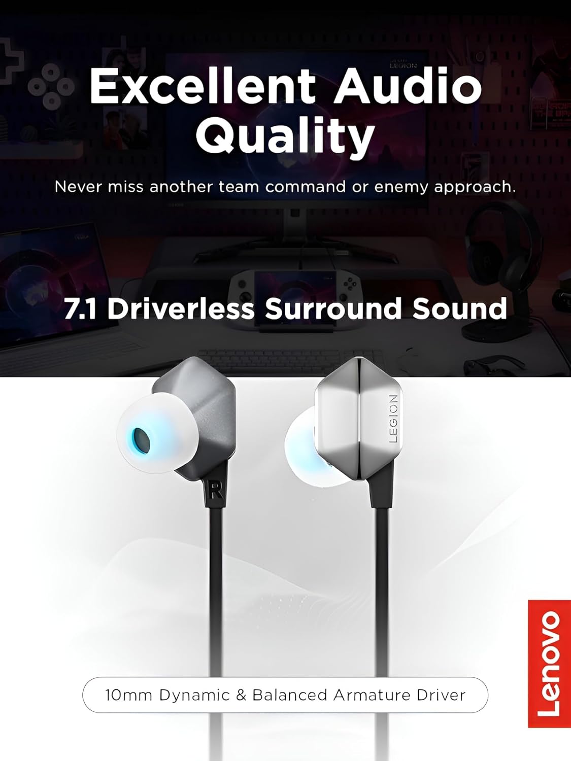 Lenovo Legion E510 earbuds highlighting 7.1 Surround Sound and Hi-Res Audio