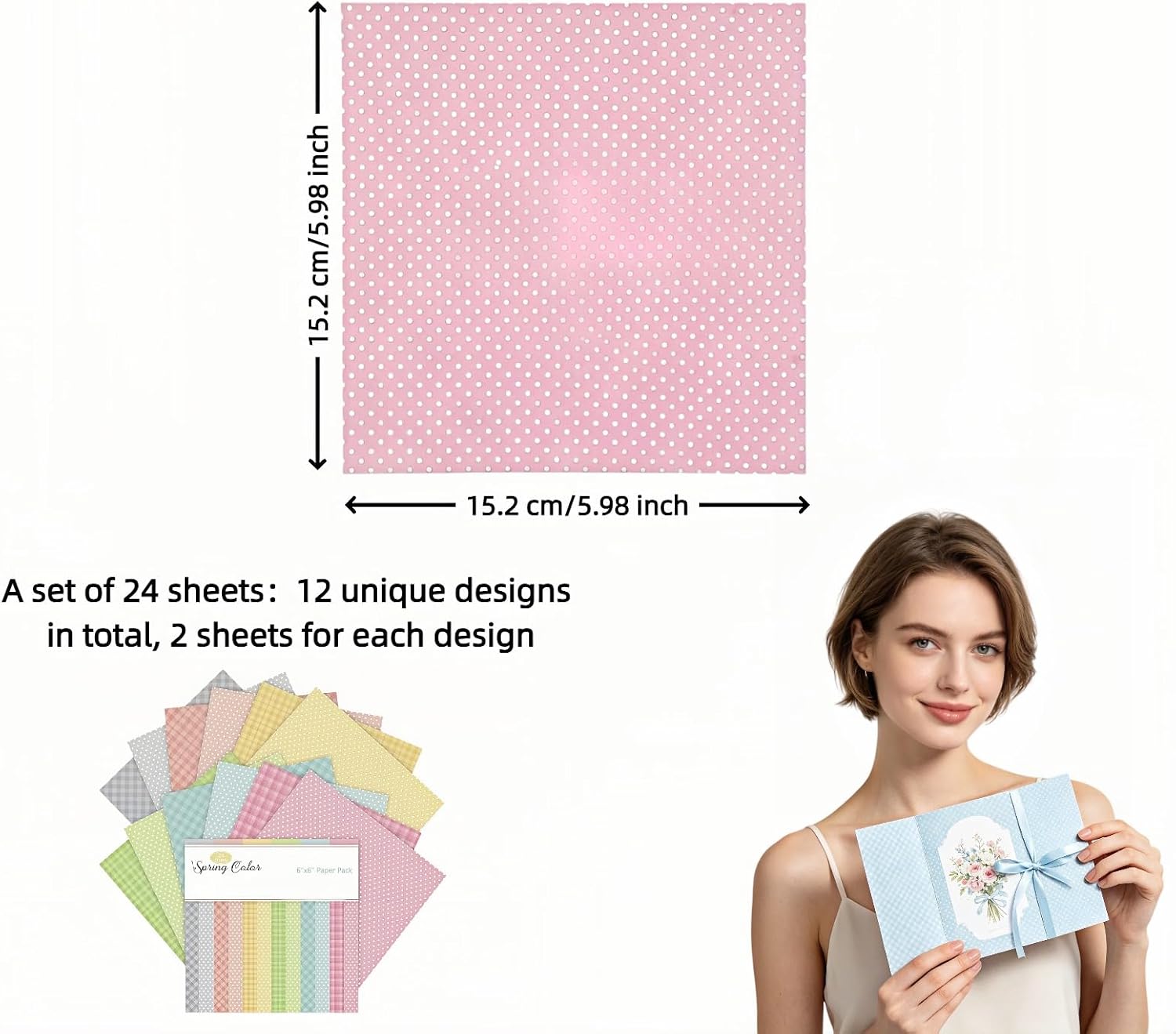 24 Sheets 6"x6" Pink Spring Scrapbook Paper, Acid-Free, Single-Sided Decorative Paper for DIY Scrapbooking, Card Making, Journaling & Craft Projects, 12 Unique Designs (Grid, Floral, Stripe, Letter)