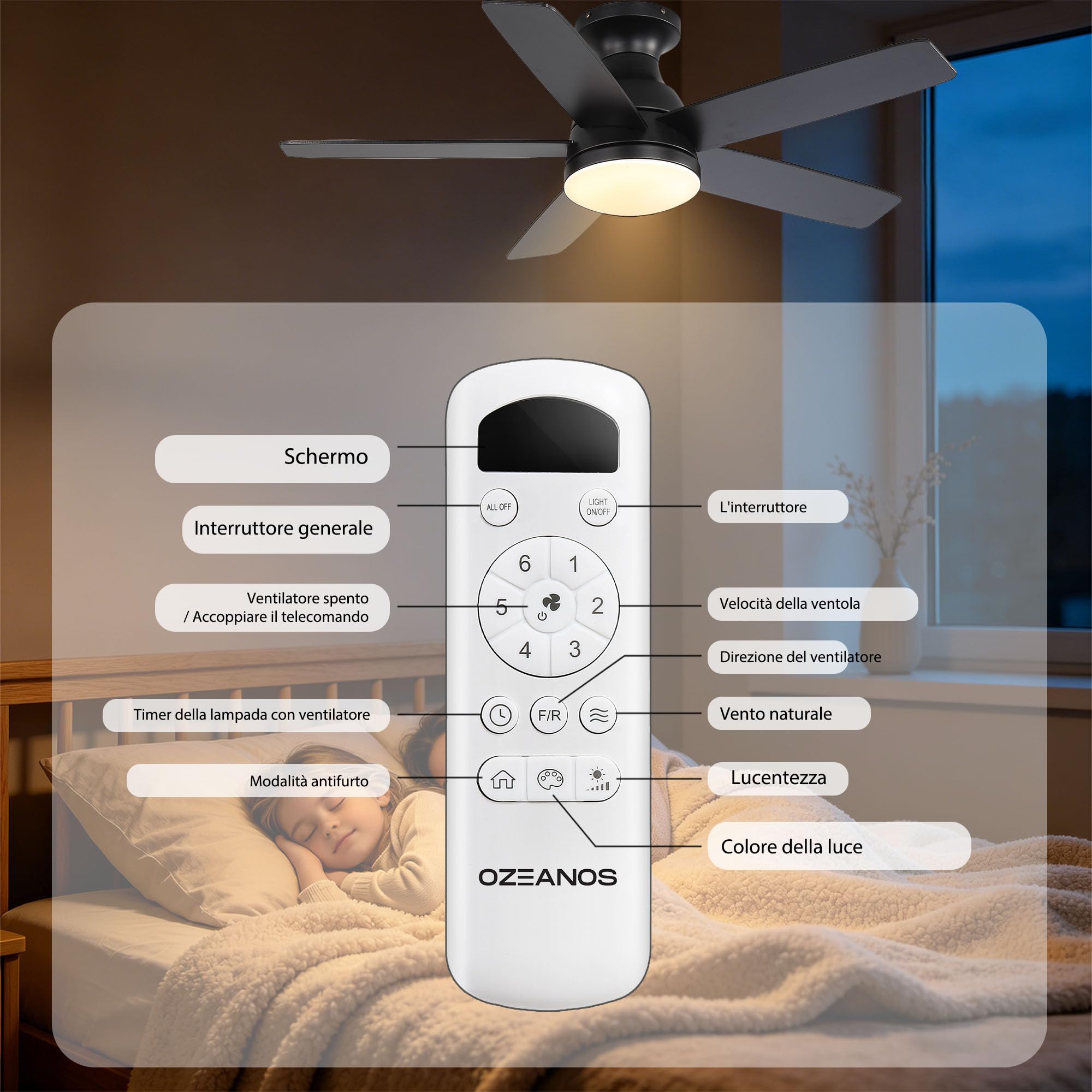OZENAOS Ventilatore da Soffitto con Luce 112 cm, Motore DC Silenzioso con Telecomando, 6 Velocità, Timer, 3 Luci Dimmabili, Nero per Soggiorno Camera